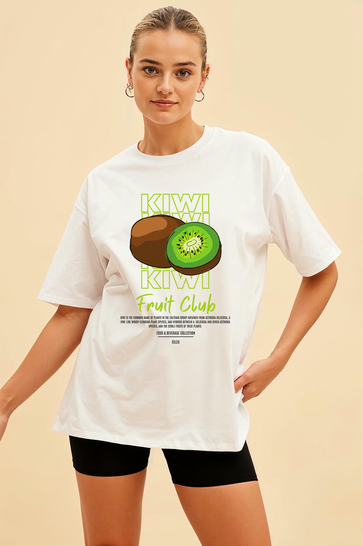 Kiwi Ön Baskılı Oversize t-shirt Erkek Kadın Pamuk Bisiklet Yaka tişort
