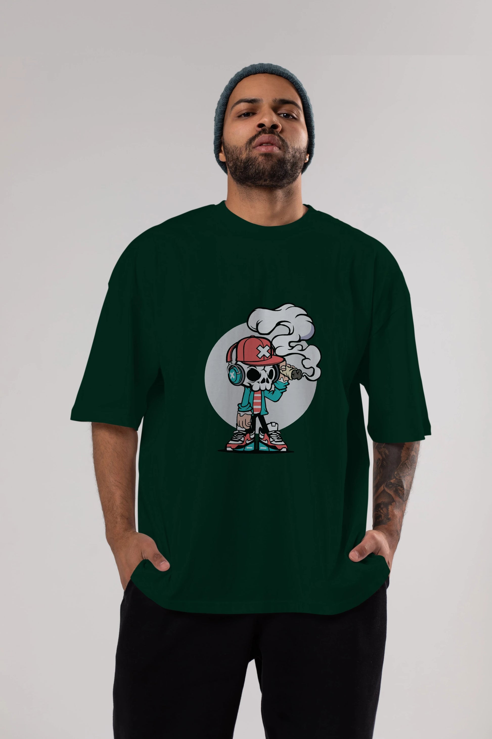 Skull Headphone Ön Baskılı Oversize t-shirt Erkek Kadın Unisex %100 Pamuk tişort