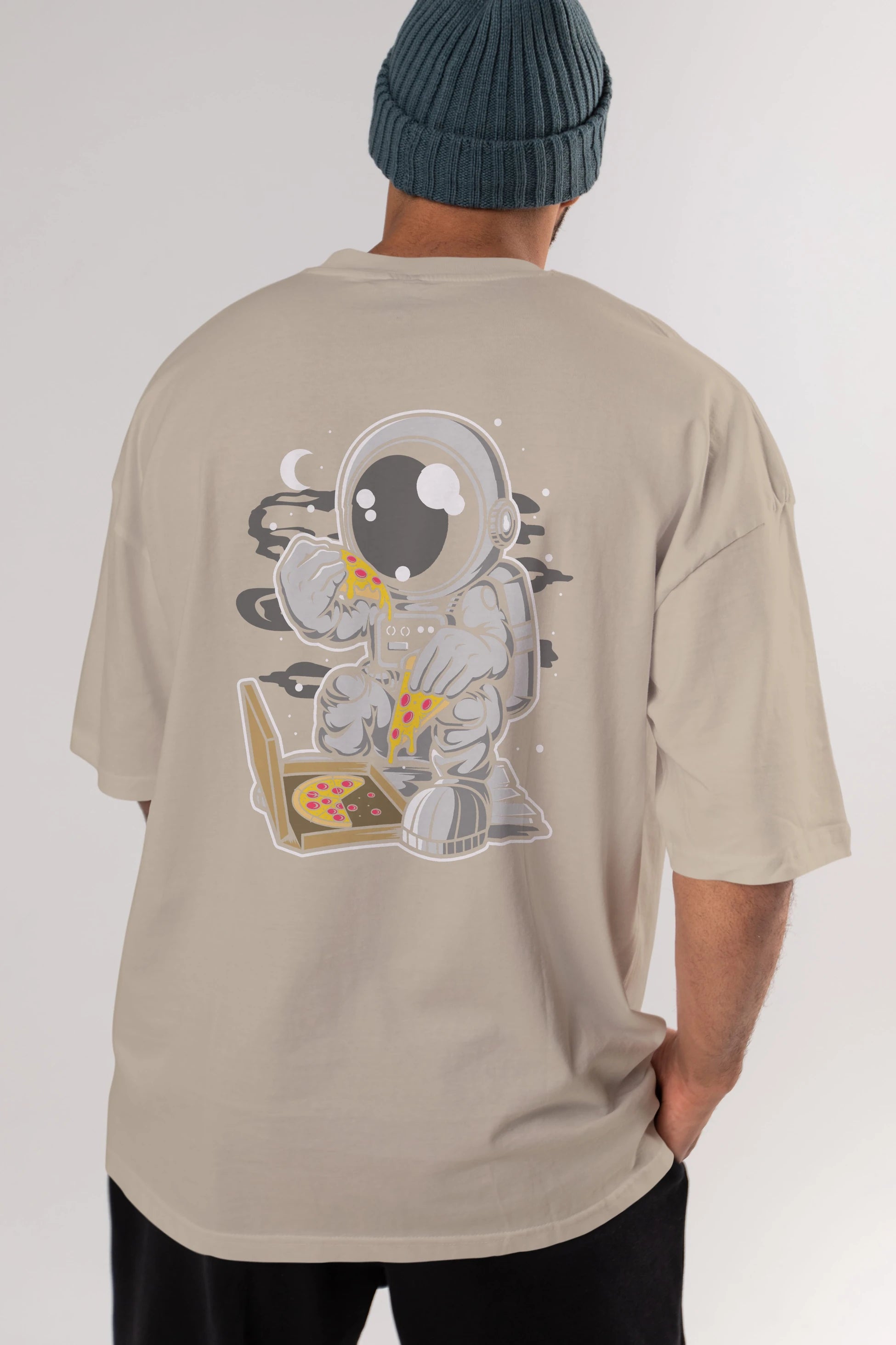 Astronaut Pizza Arka Baskılı Oversize t-shirt Erkek Kadın Unisex