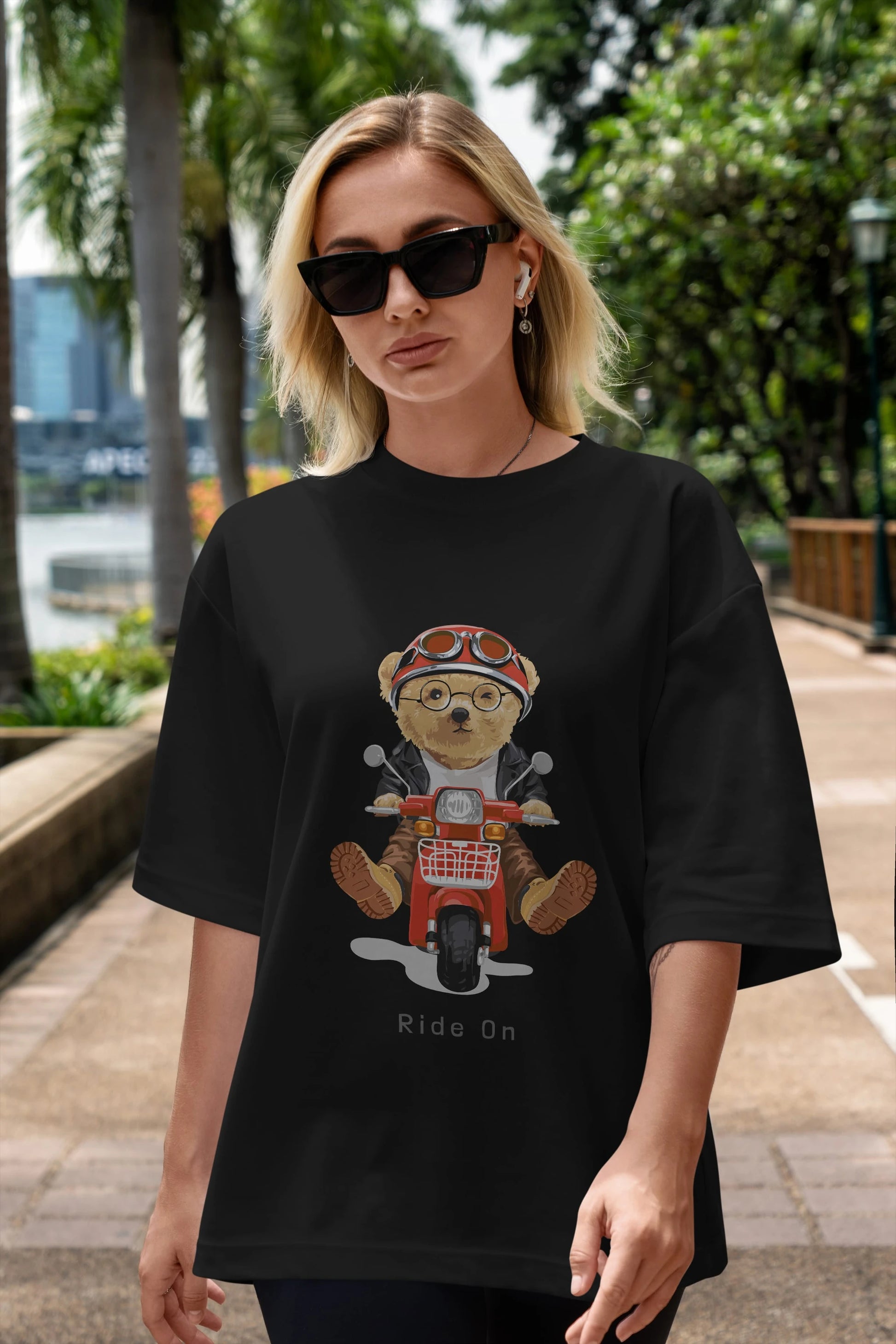 Teddy Bear Ride On Ön Baskılı Oversize t-shirt Erkek Kadın Unisex %100 Pamuk