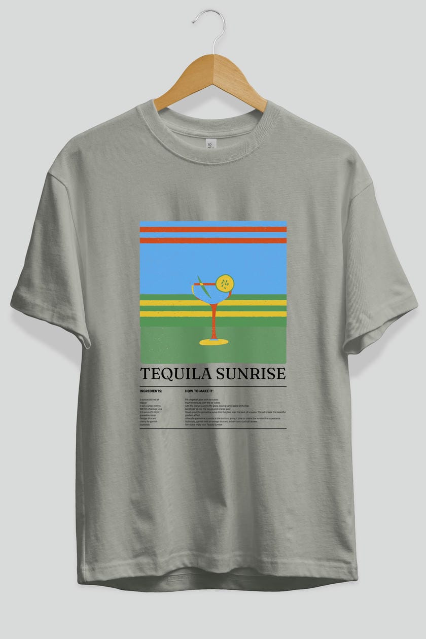 Tequila Sunrise Kokteyl Ön Baskılı Oversize t-shirt Erkek Kadın %100 Pamuk Bisiklet Yaka tişort