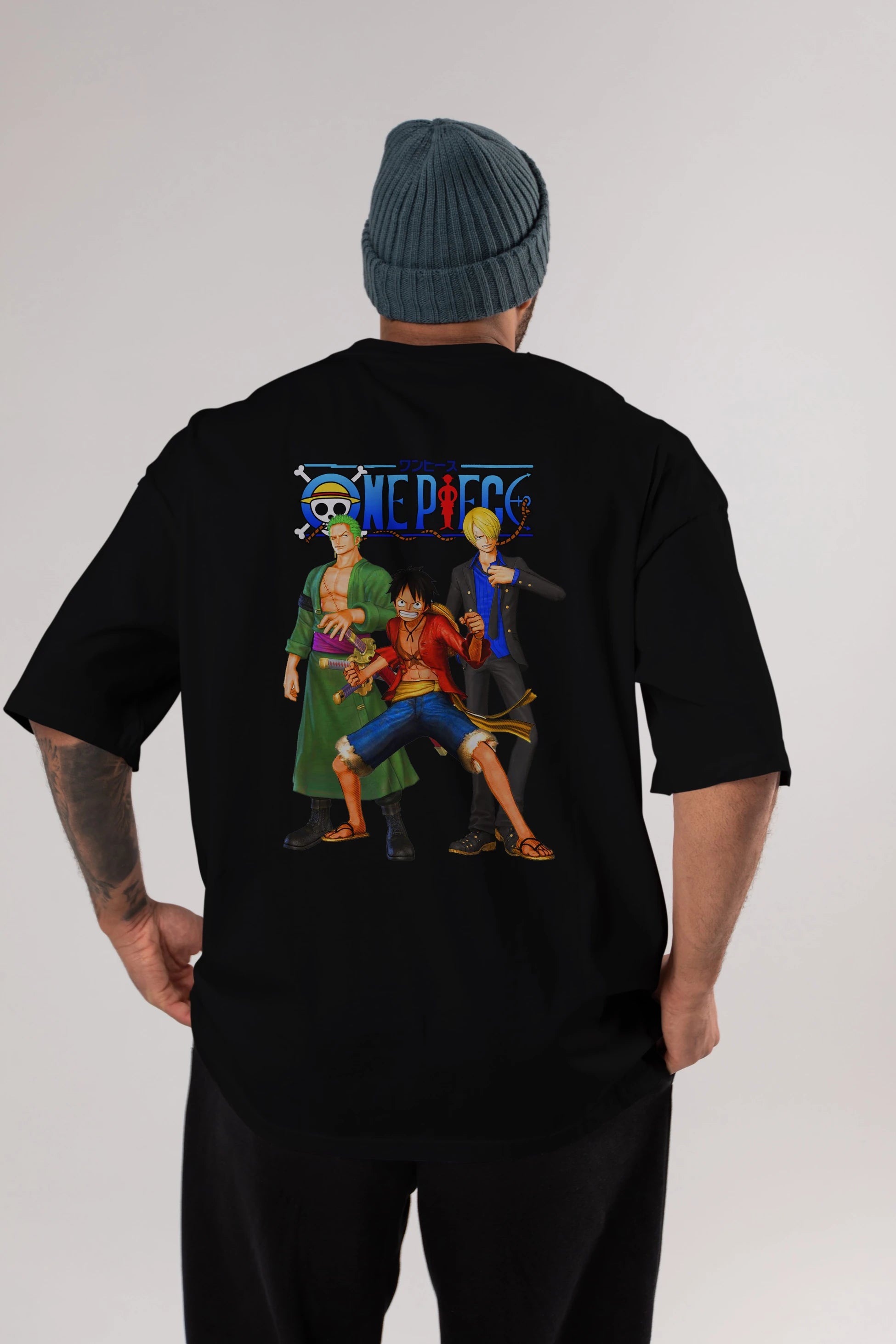Luffy Sanji Zoro Anime Arka Baskılı Oversize t-shirt Erkek Kadın Unisex %100 pamuk tişort