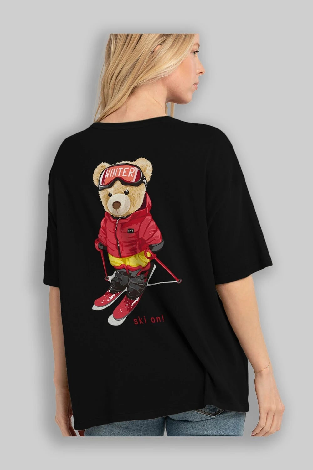 Teddy Bear Ski On Arka Baskılı Oversize t-shirt Erkek Kadın Unisex %100 Pamuk