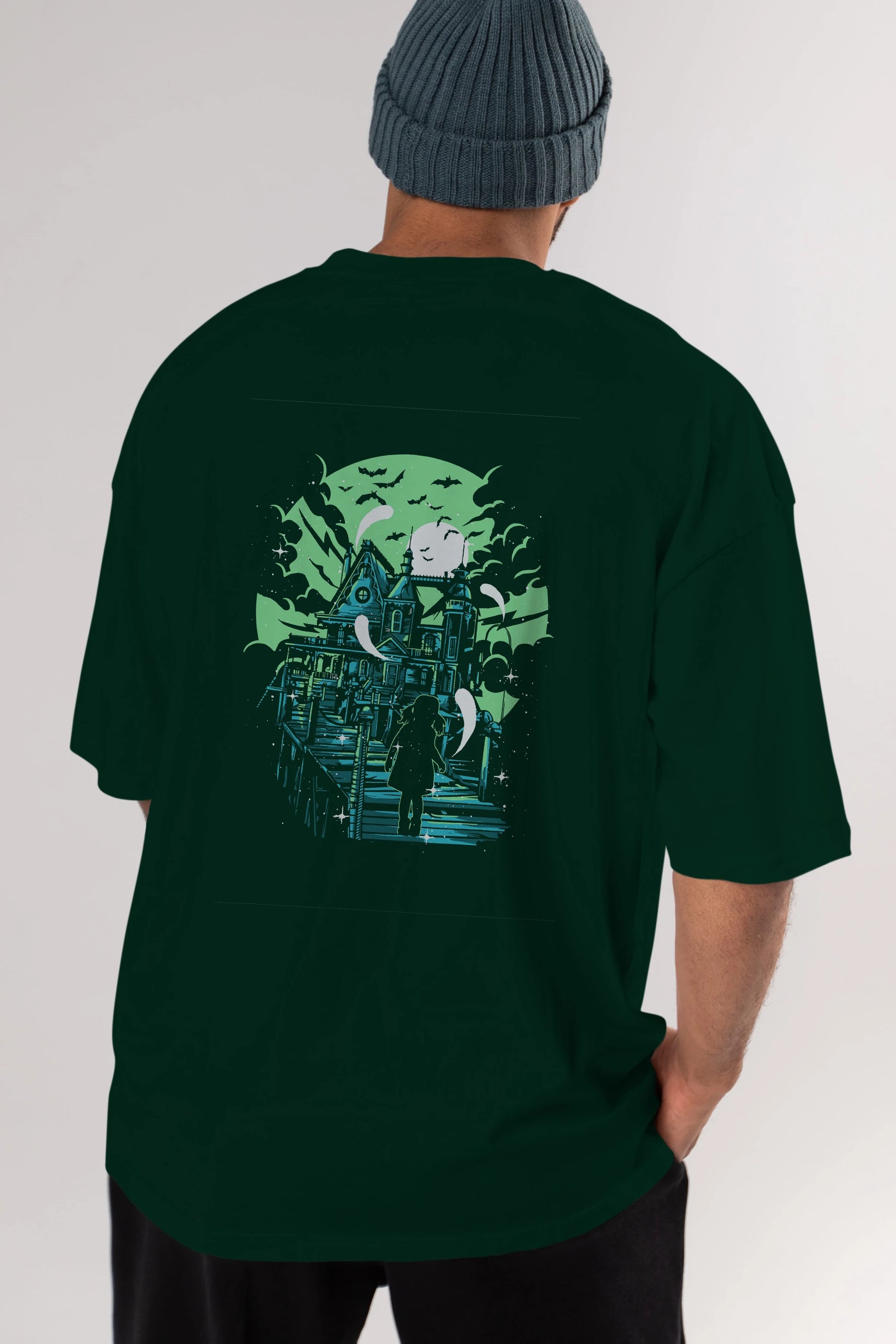 Haunted House Arka Baskılı Oversize t-shirt Erkek Kadın Unisex %100 Pamuk