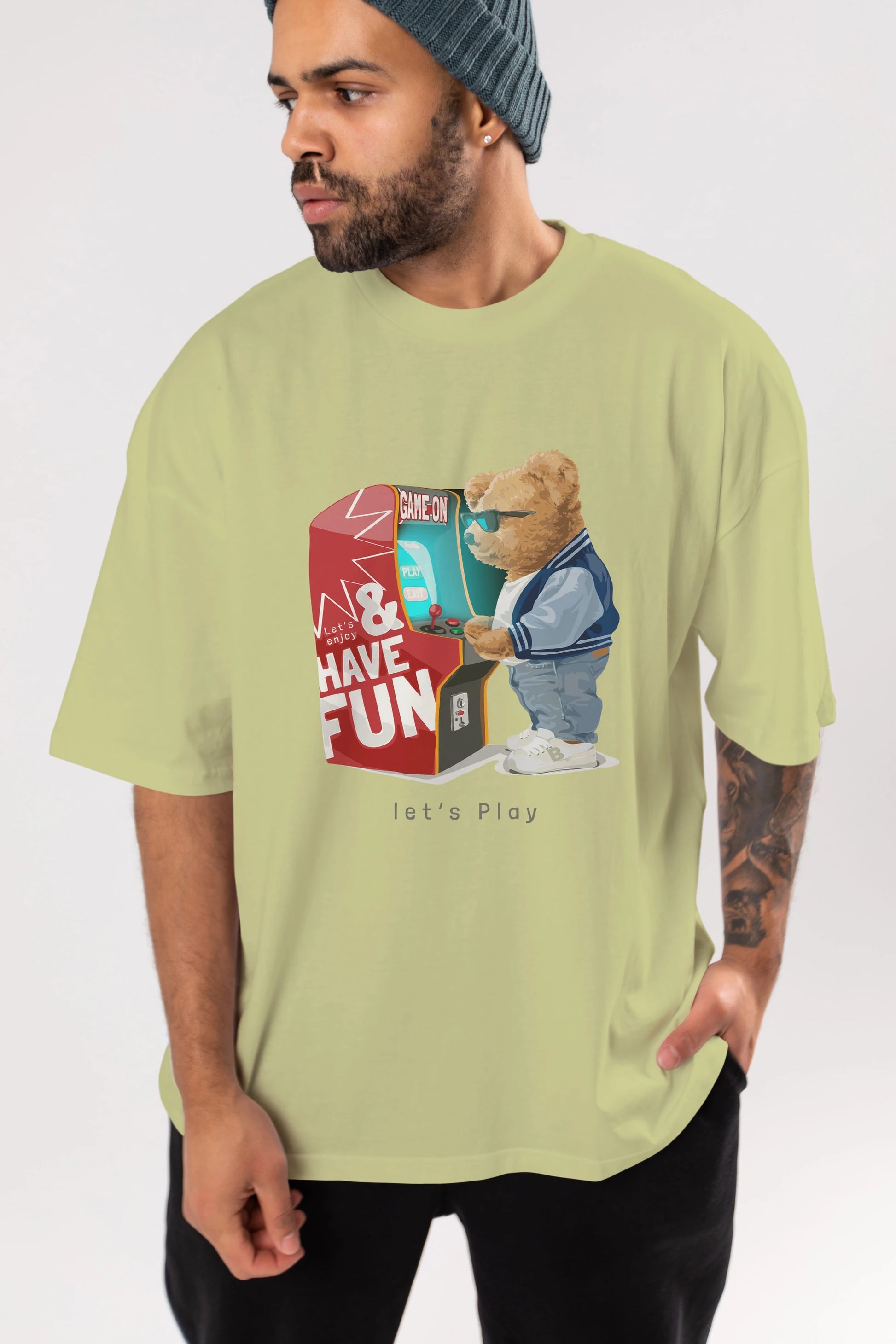 Teddy Bear Lets Play Ön Baskılı Oversize t-shirt Erkek Kadın Unisex %100 Pamuk
