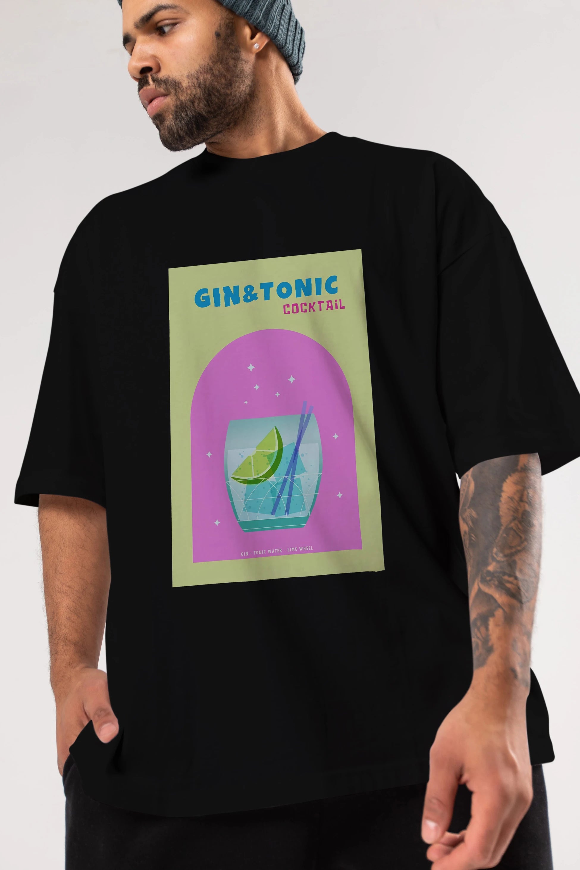 Gin Tonic Cocktail Ön Baskılı Oversize t-shirt Erkek Kadın Unisex %100 Pamuk Bisiklet Yaka tişort