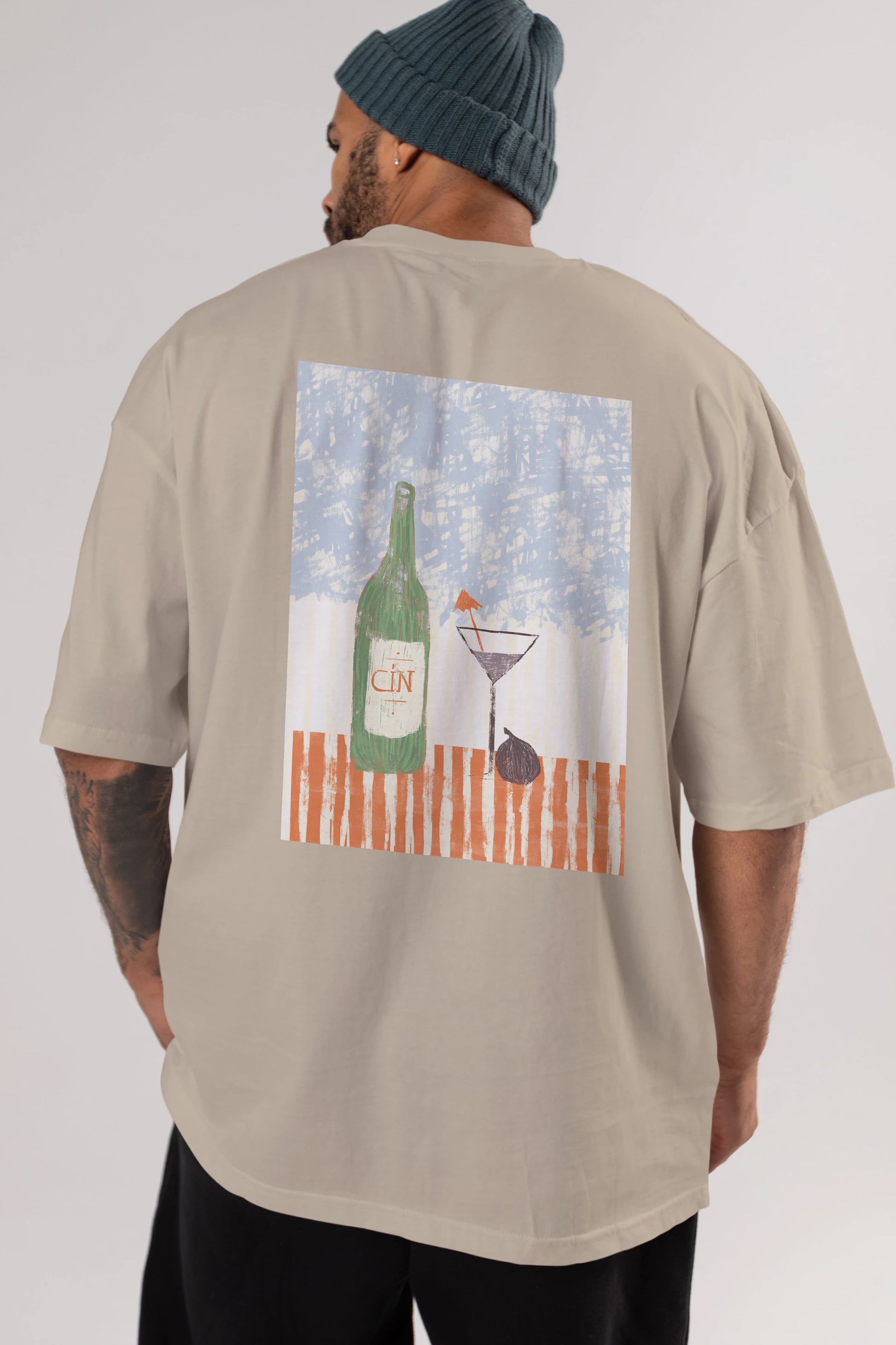 Gin Arka Baskılı Oversize t-shirt Erkek Kadın Unisex %100 Pamuk Bisiklet Yaka tişort