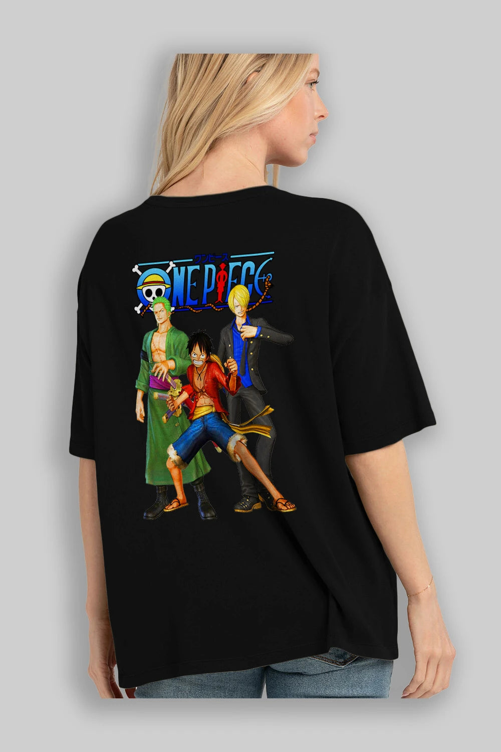 Luffy Sanji Zoro Anime Arka Baskılı Oversize t-shirt Erkek Kadın Unisex %100 pamuk tişort