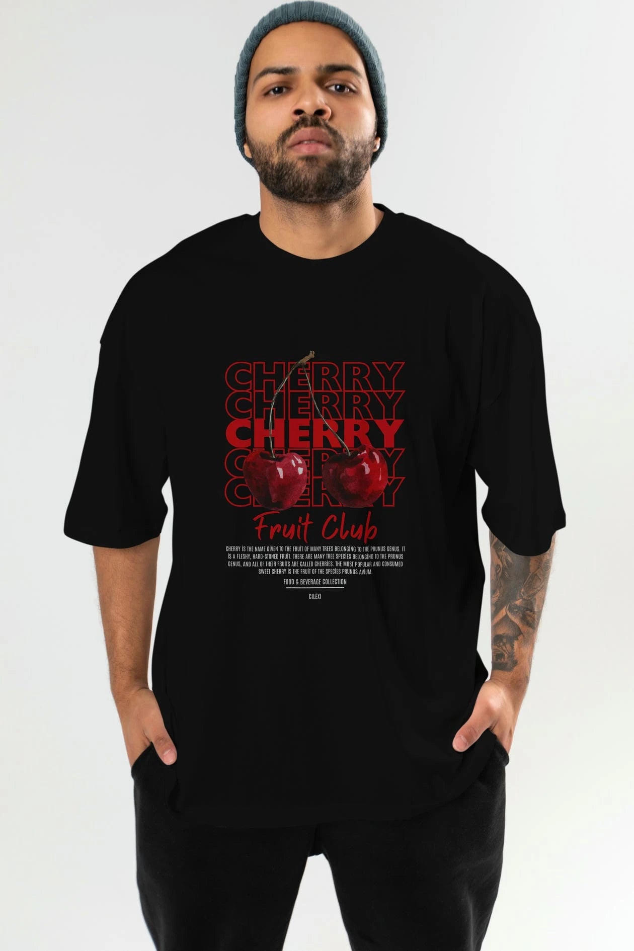 Cherry Ön Baskılı Oversize t-shirt Erkek Kadın Pamuk Bisiklet Yaka tişort