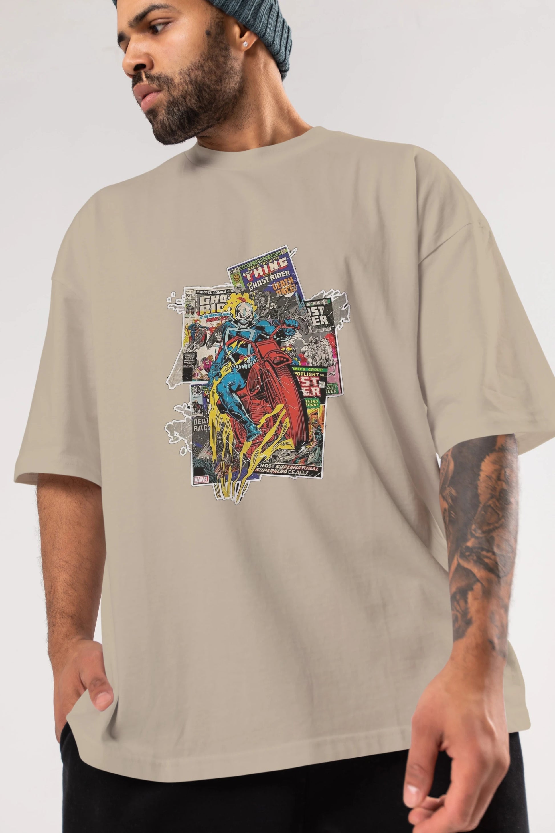 Ghost Rider Ön Baskılı Oversize t-shirt Erkek Kadın Unisex %100 Pamuk Bisiklet Yaka tişort