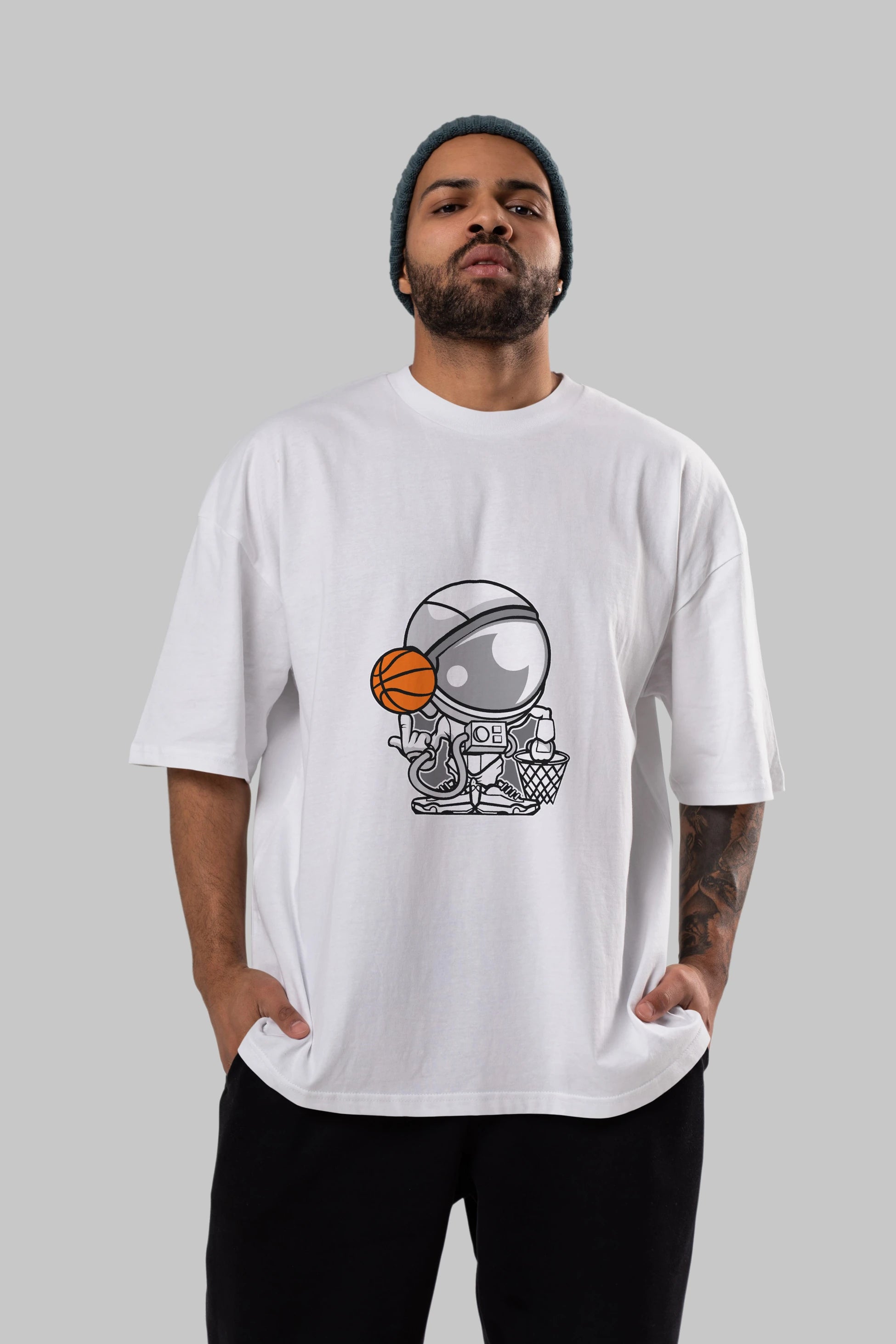 Astronaut Basketball Ön Baskılı Oversize t-shirt Erkek Kadın Unisex %100 Pamuk tişort