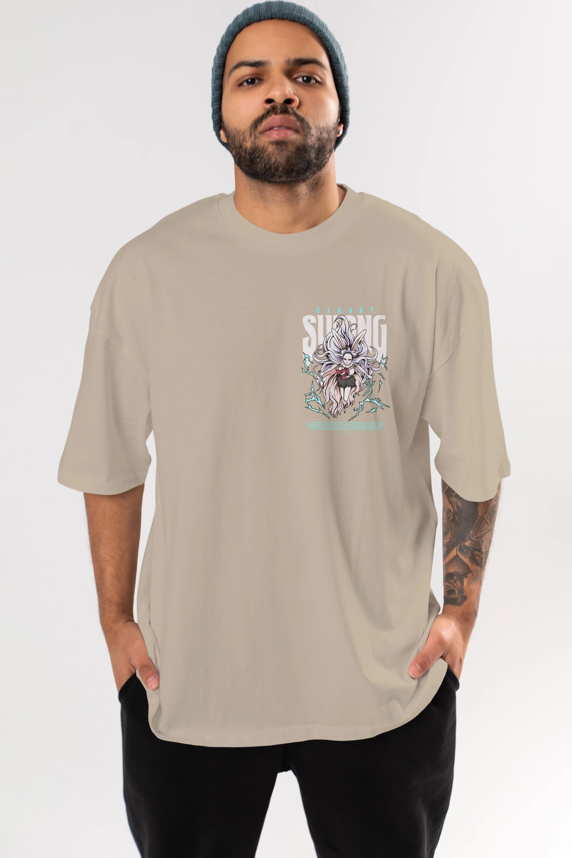 Carrot Sulong Ön Sol Baskılı Oversize t-shirt Erkek Kadın Unisex %100 Pamuk Bisiklet Yaka tişort
