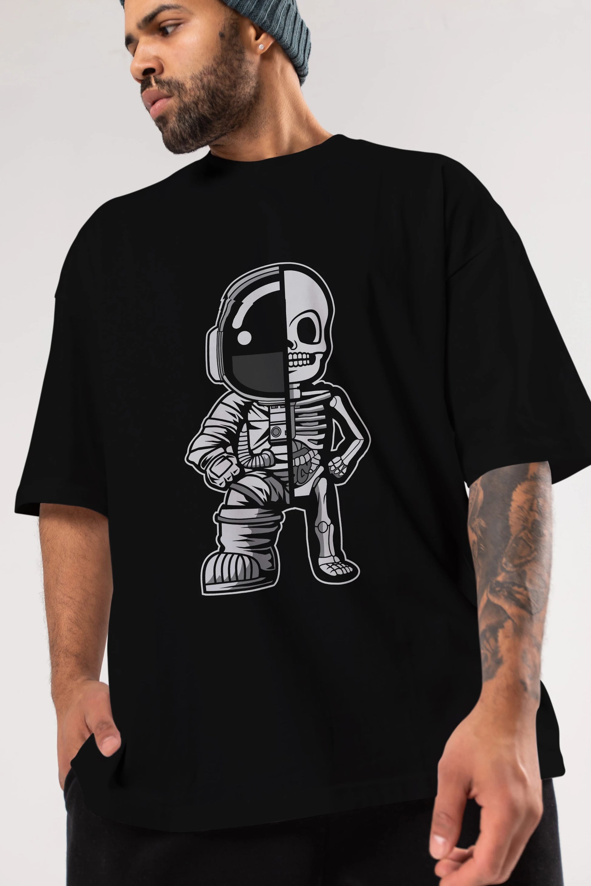 Astronaut Half Skeleton Ön Baskılı Oversize t-shirt Erkek Kadın Unisex