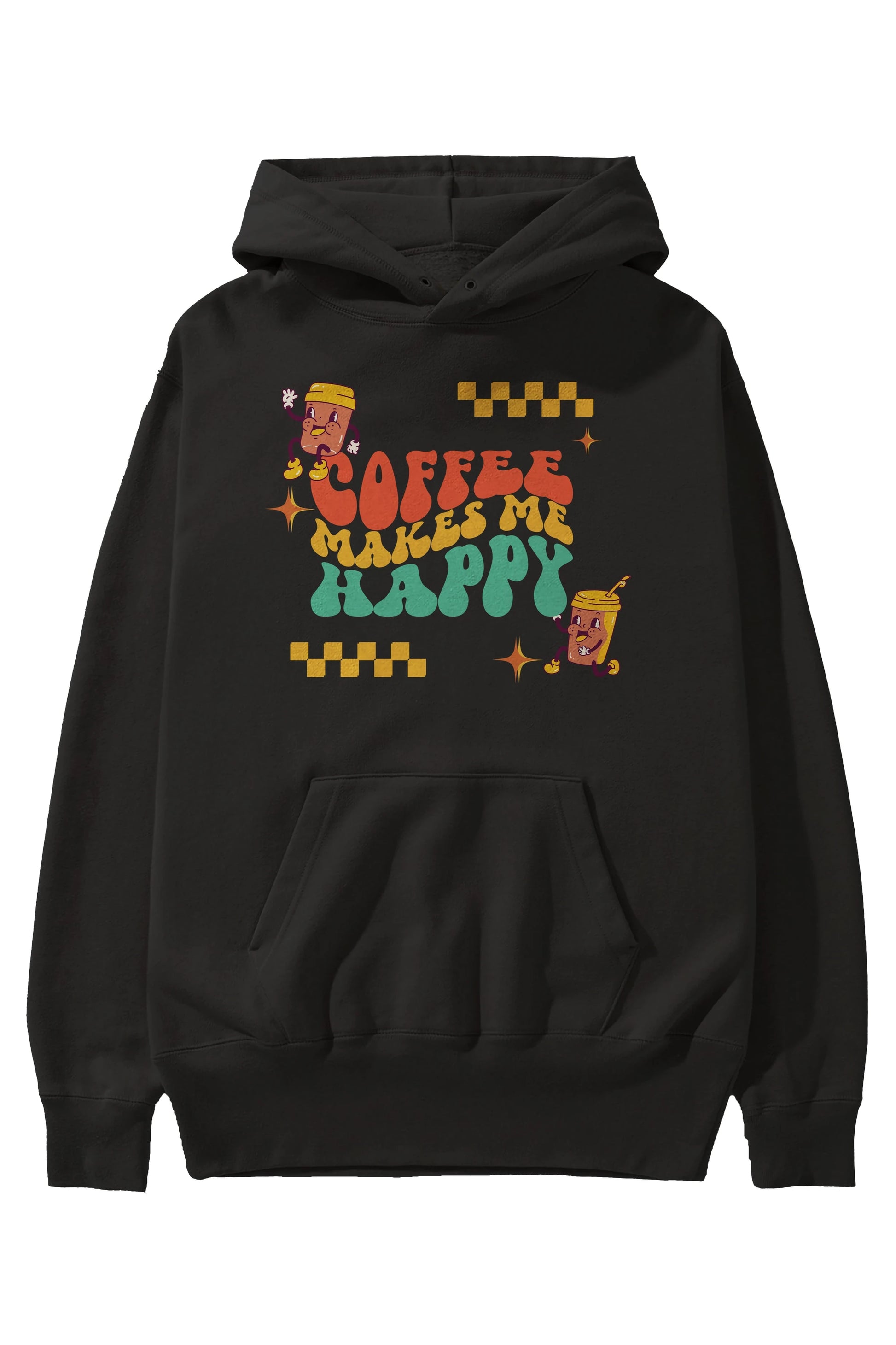 Coffee Makes Me Happy Yazılı Ön Baskılı Oversize Hoodie Kapüşonlu Sweatshirt Erkek Kadın Unisex