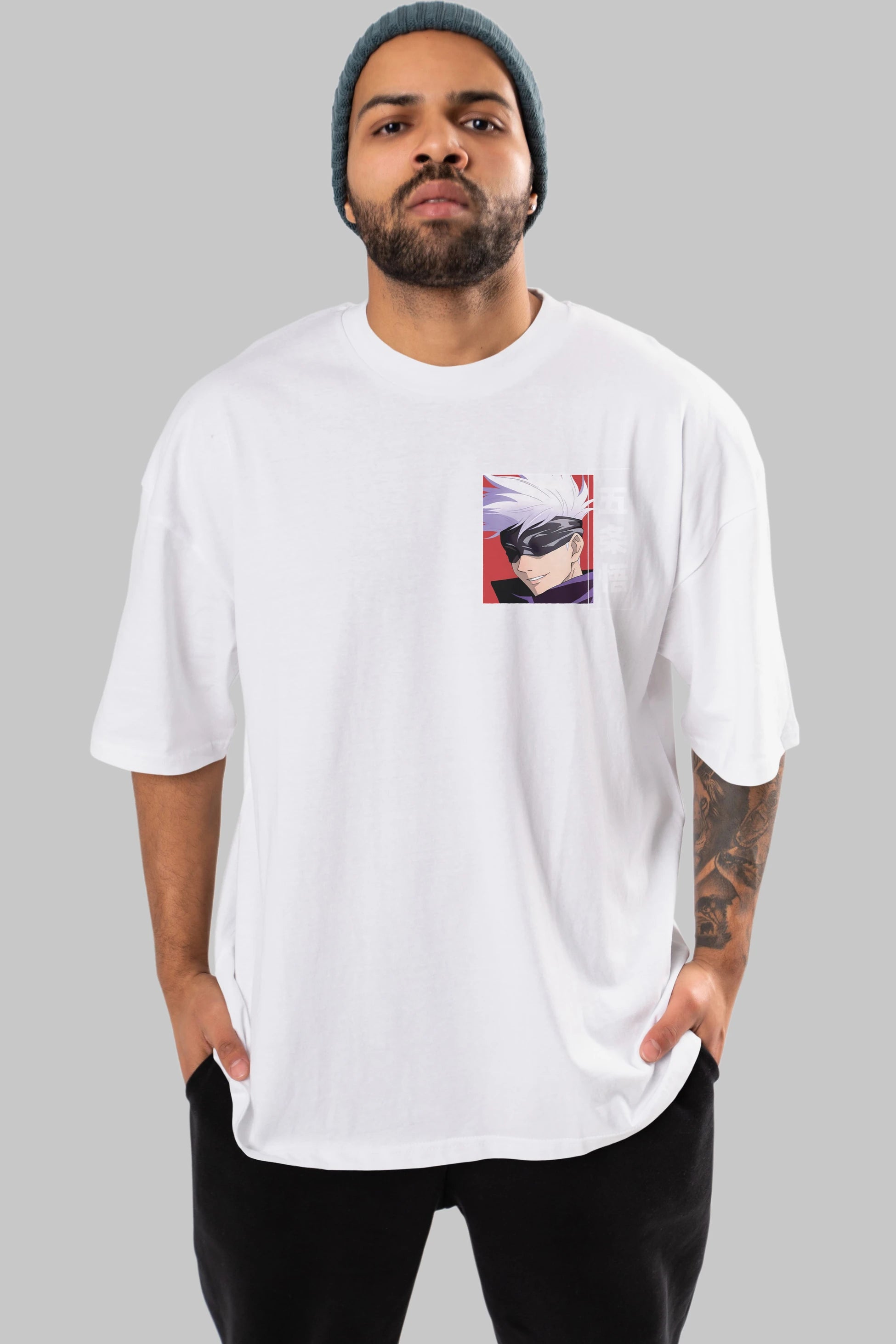 SATORU GOJO Ön Sol Baskılı Oversize t-shirt Erkek Kadın Unisex %100 Pamuk Bisiklet Yaka tişort