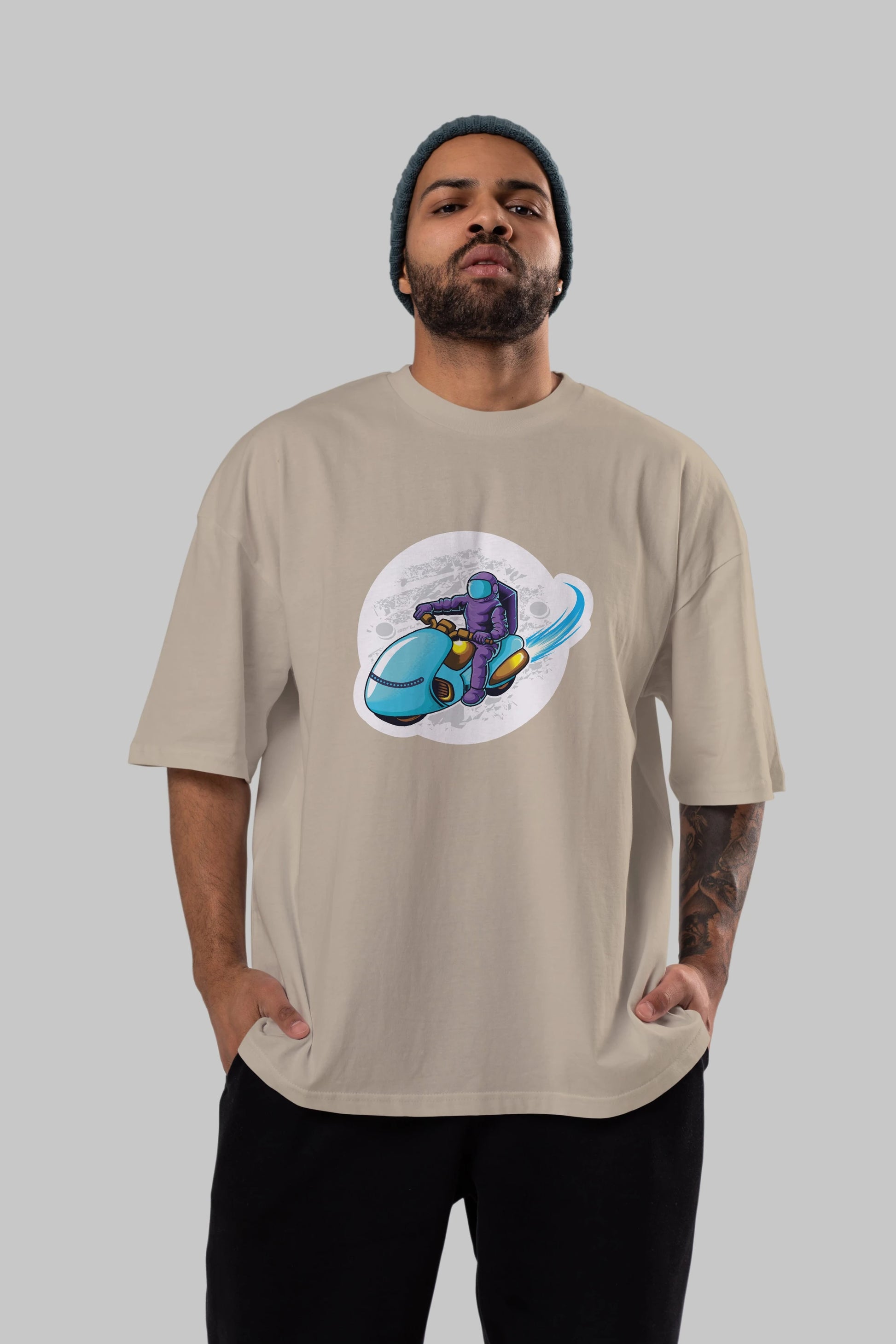 Astrorider in Space Sticker Ön Baskılı Oversize t-shirt Erkek Kadın Unisex