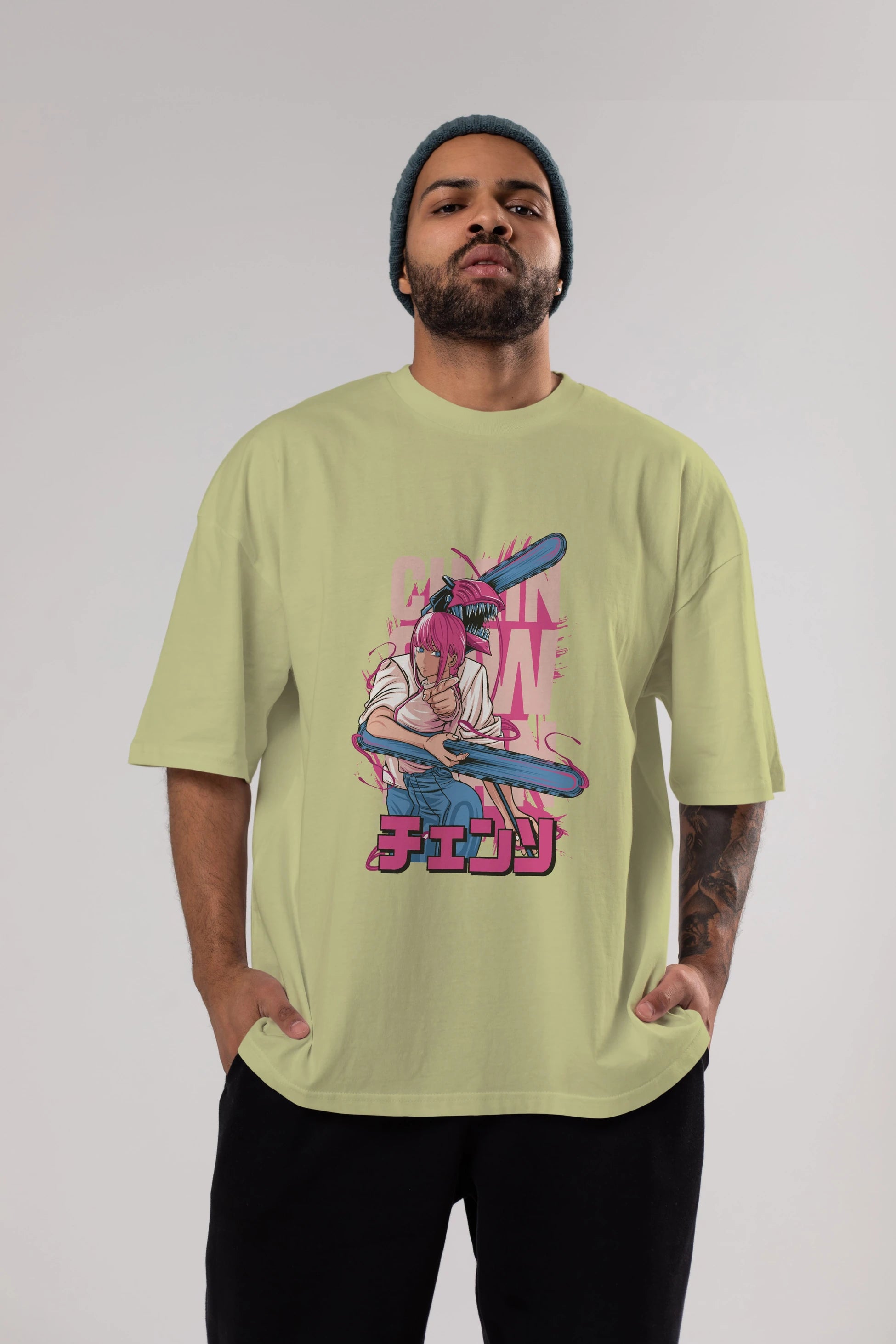 DENJI and MAKIMA Anime Ön Baskılı Oversize t-shirt %100 pamuk Erkek Kadın Unisex