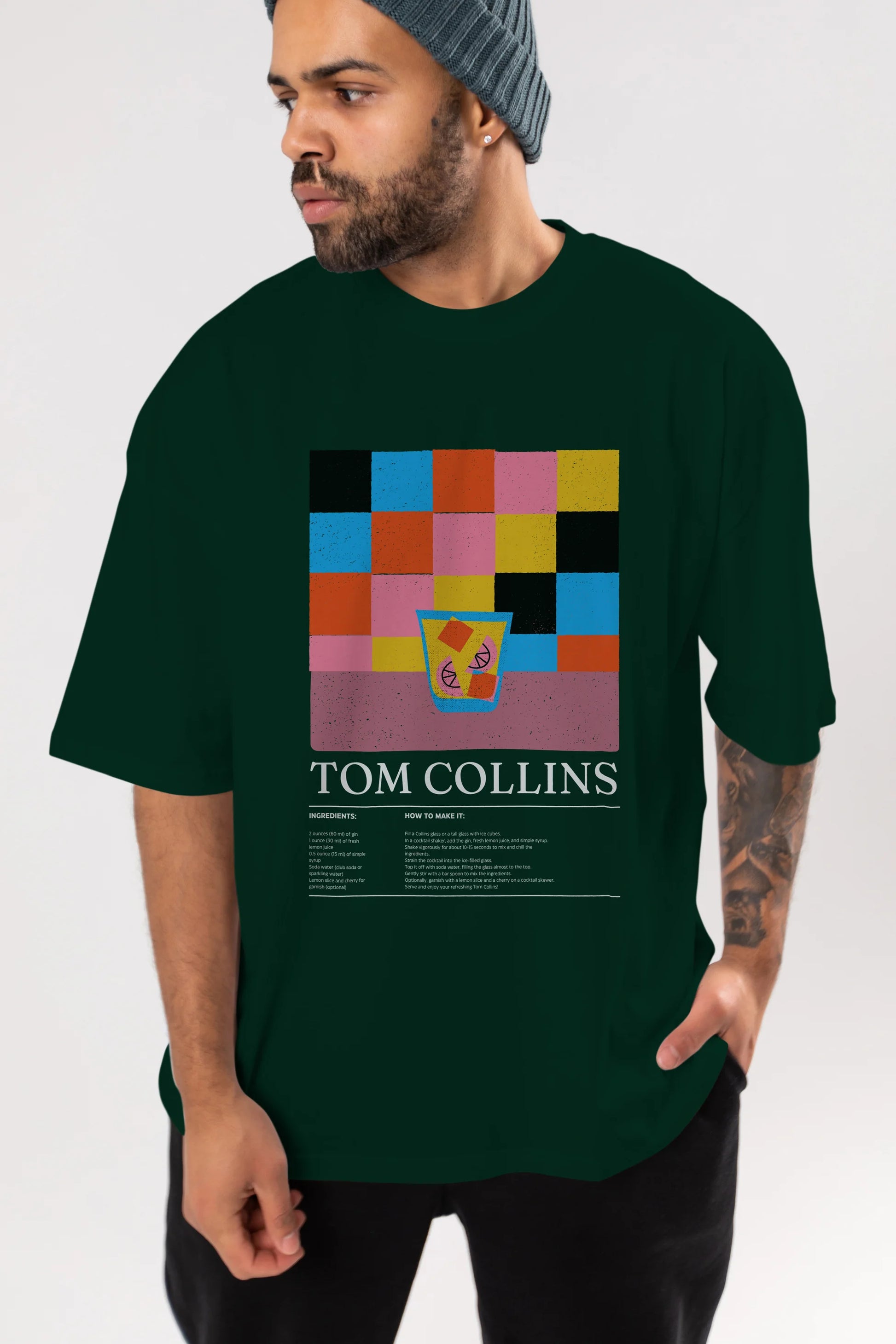 Tom Collins Kokteyl Ön Baskılı Oversize t-shirt Erkek Kadın %100 Pamuk Bisiklet Yaka tişort