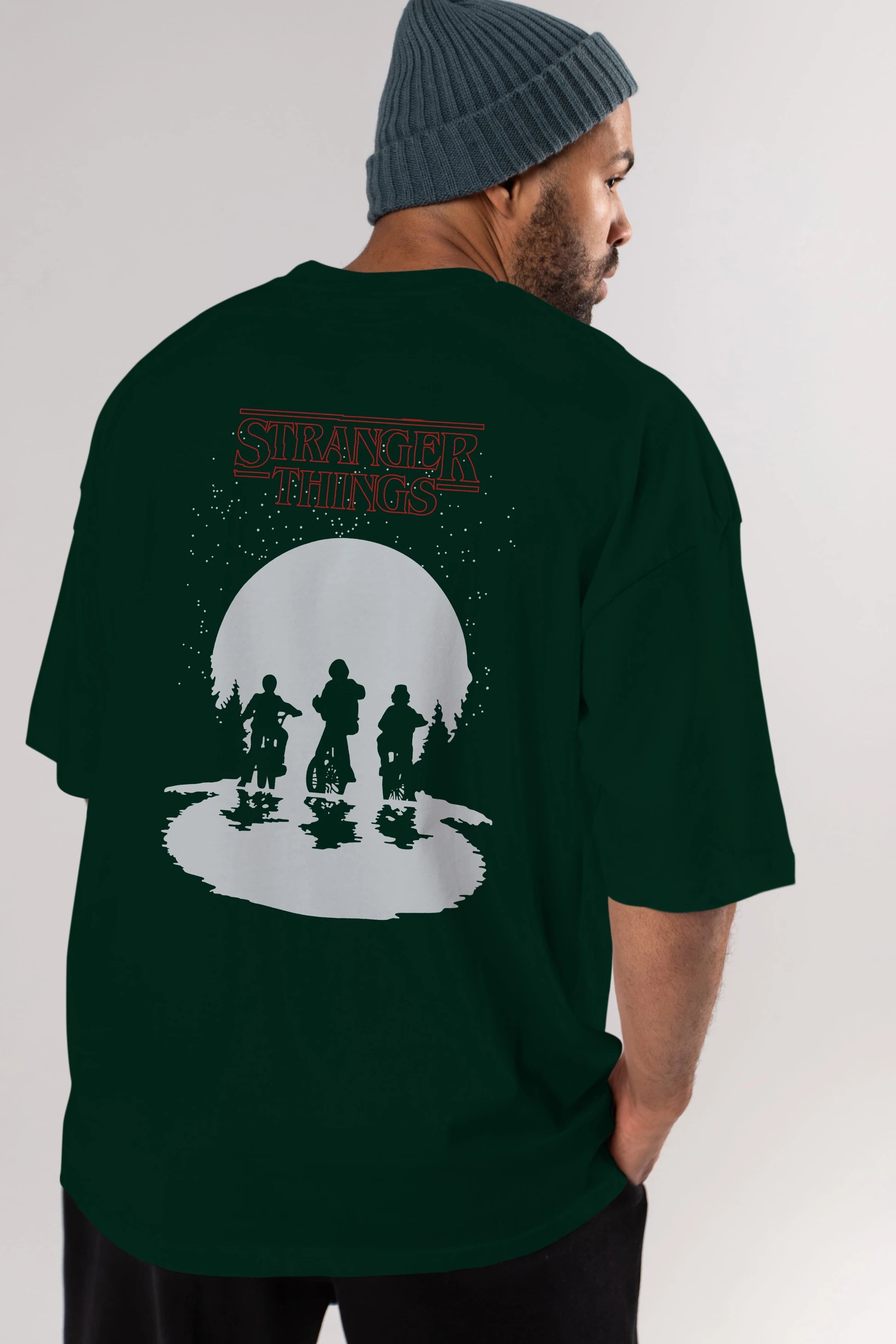 Stranger Things Arka Baskılı Oversize t-shirt Erkek Kadın Unisex %100 Pamuk Bisiklet Yaka tişort