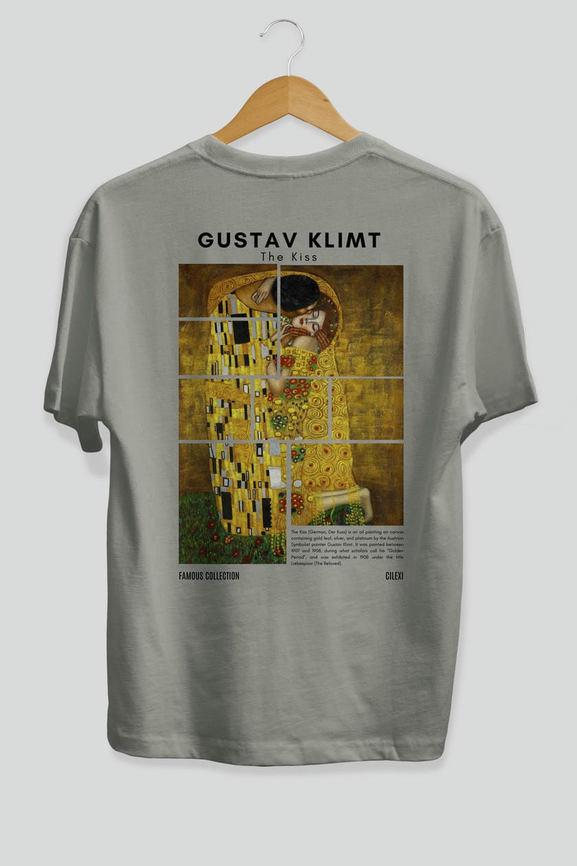 Gustav Klimt The Kiss Arka Baskılı Oversize t-shirt Erkek Kadın Bisiklet Yaka Pamuk tişort