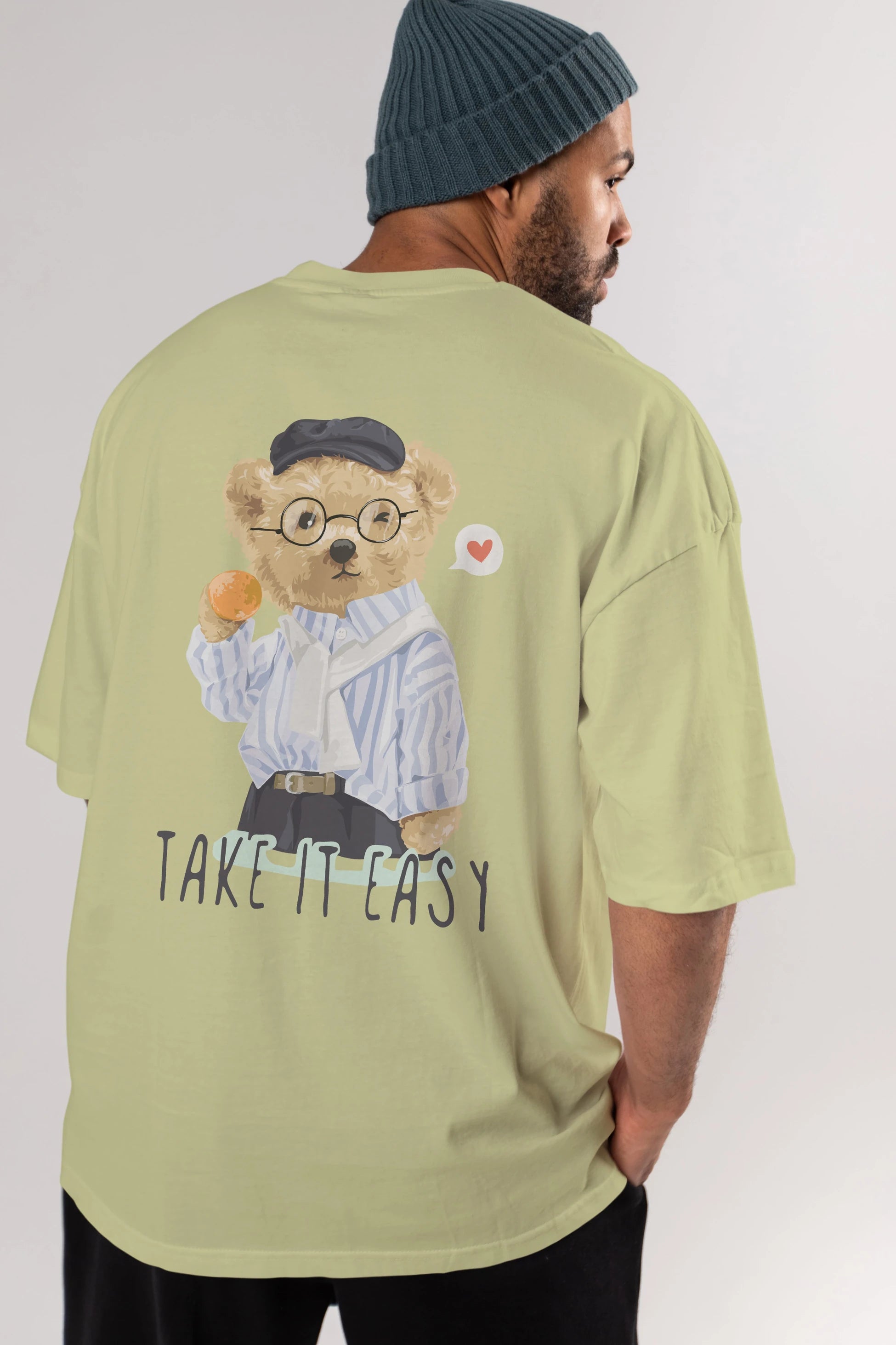 Teddy Bear Take it Easy Arka Baskılı Oversize t-shirt Erkek Kadın Unisex %100 Pamuk