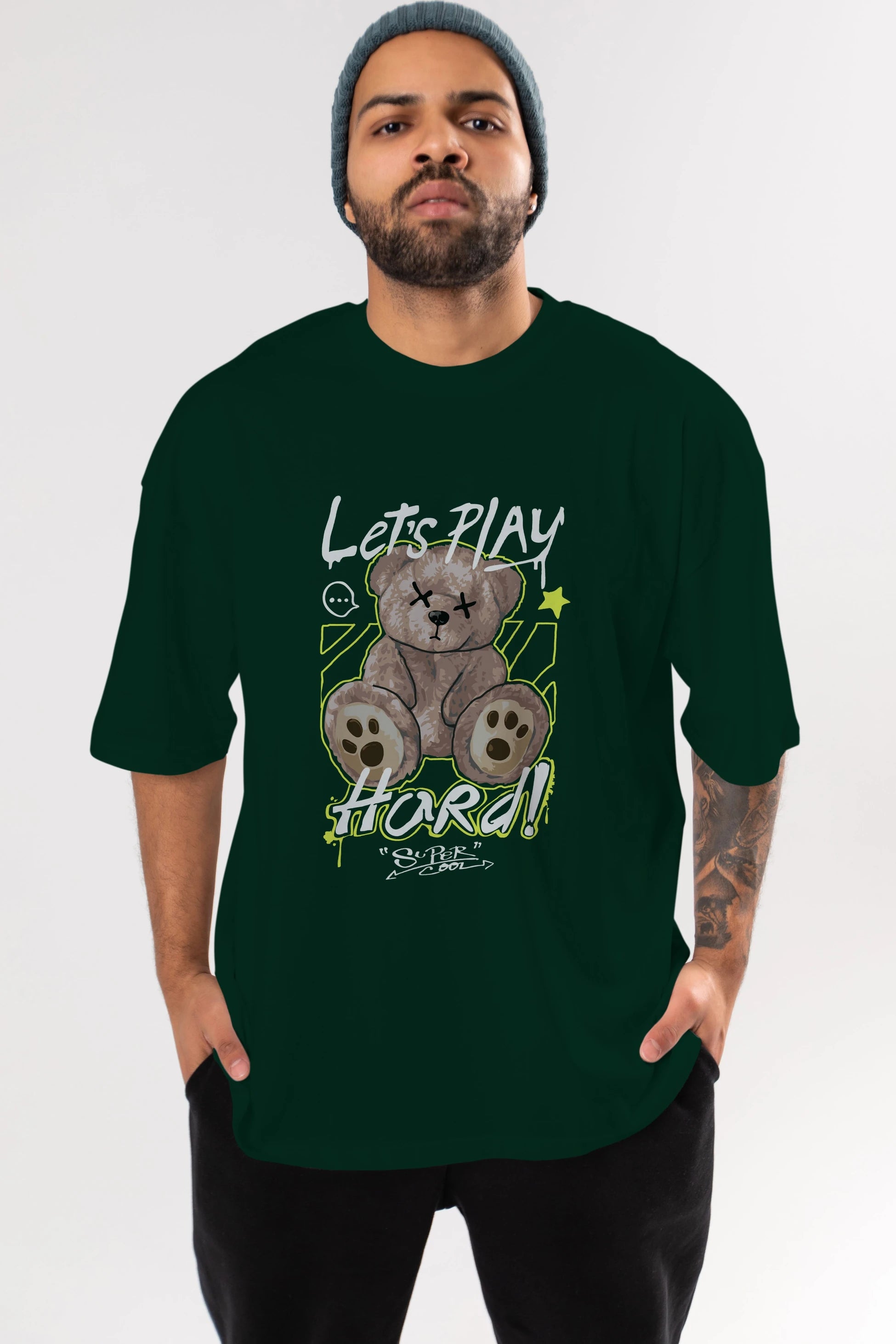 Lets Play Hard Bear Ön Baskılı Oversize t-shirt Erkek Kadın Unisex