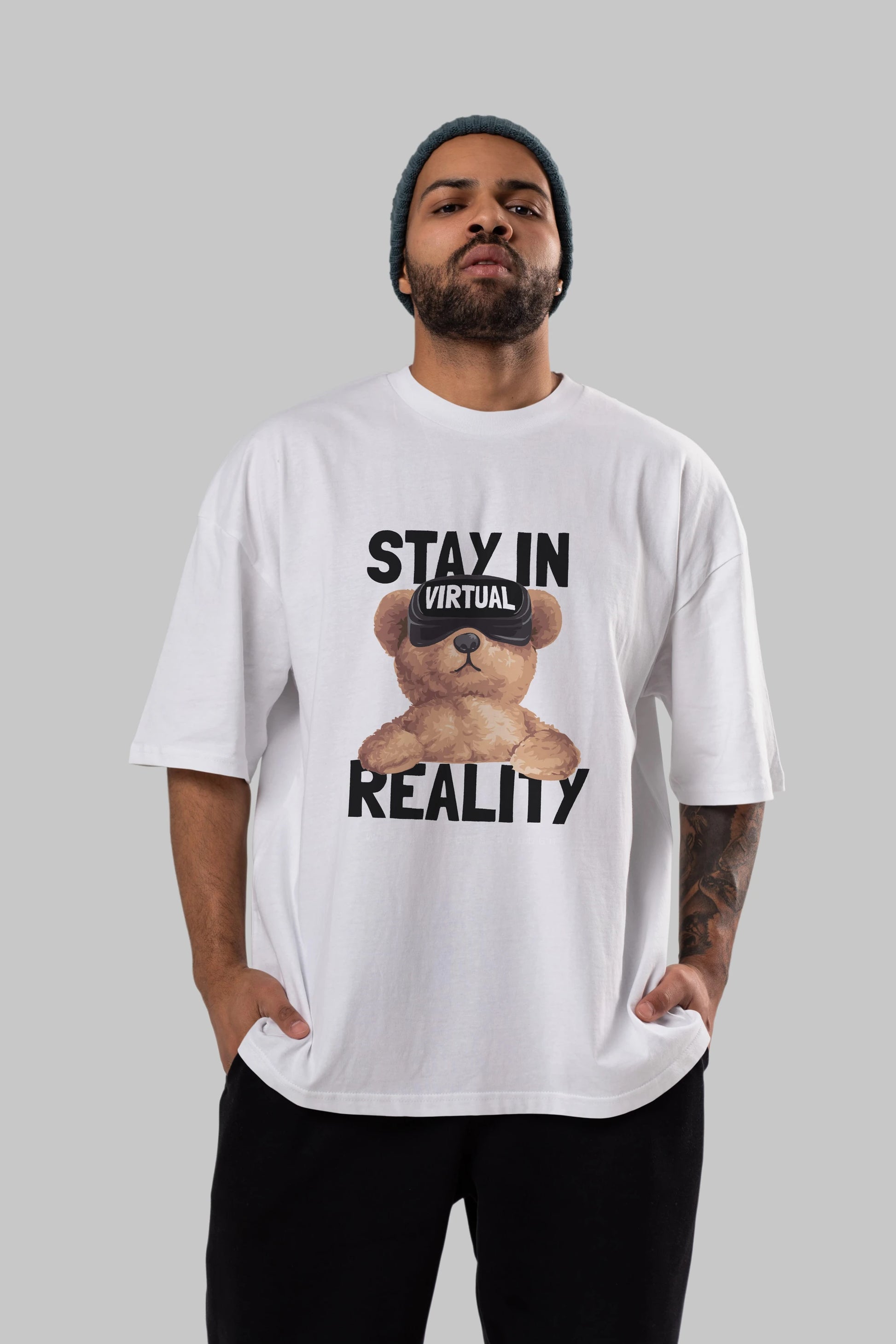 Teddy Stay In Reality Ön Baskılı Oversize t-shirt Erkek Kadın Unisex %100 Pamuk