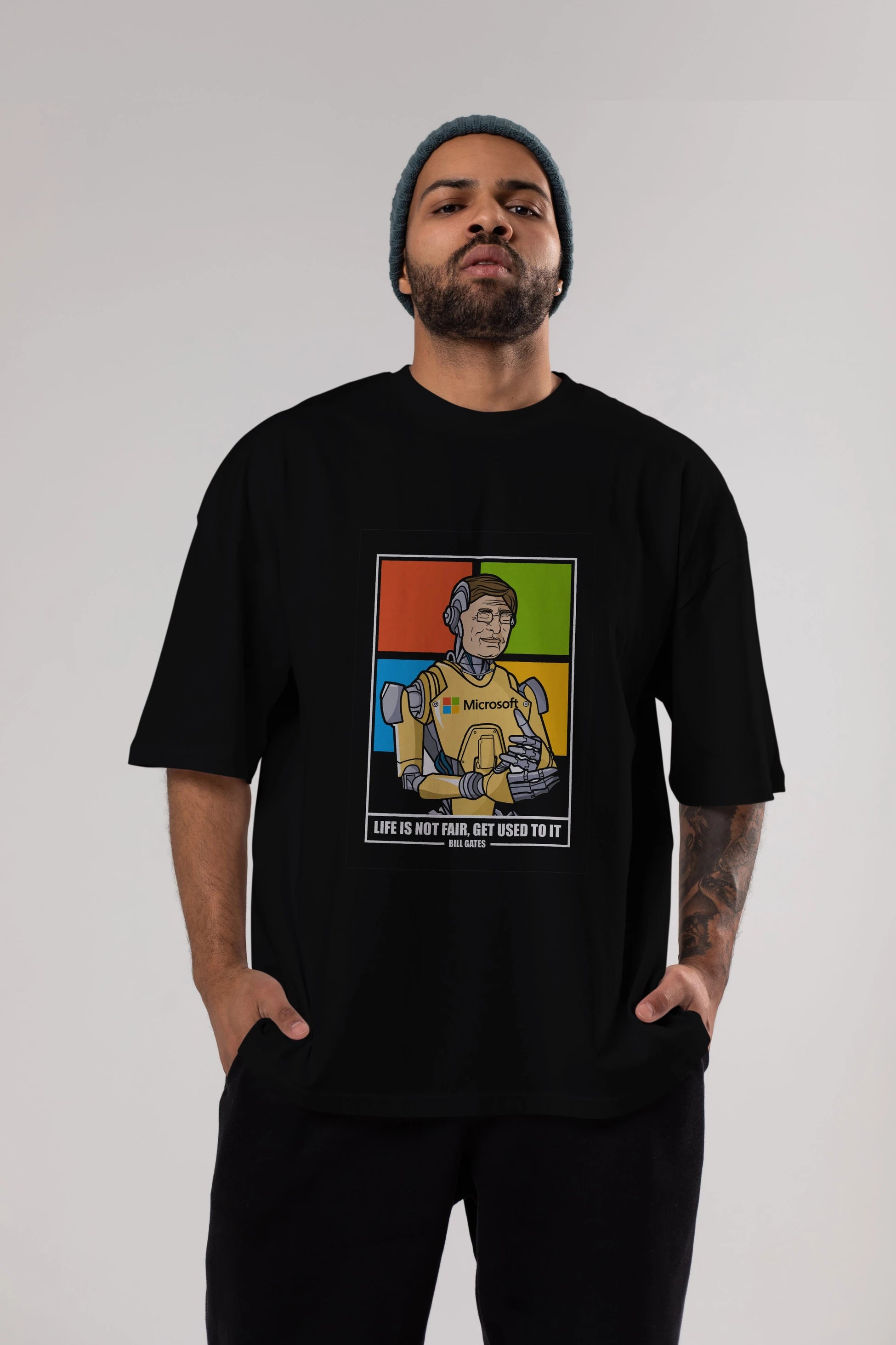 Bill Gates Robot Human Ön Baskılı Oversize t-shirt Erkek Kadın Unisex %100 Pamuk tişort