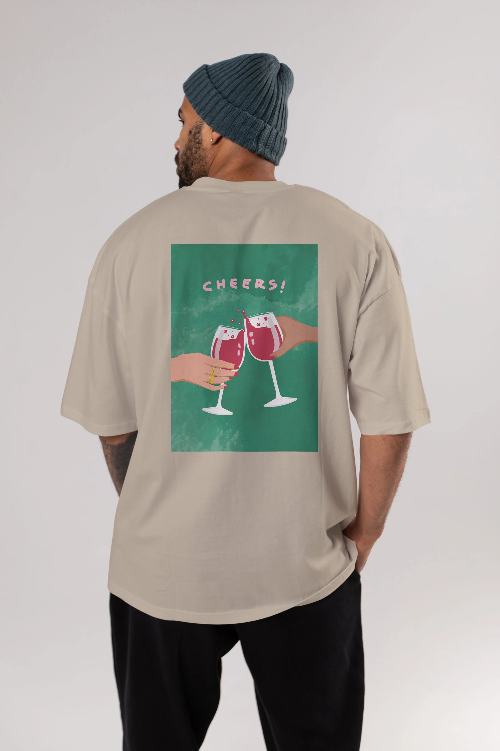 Cheers Arka Baskılı Oversize t-shirt Erkek Kadın Unisex %100 Pamuk Bisiklet Yaka tişort