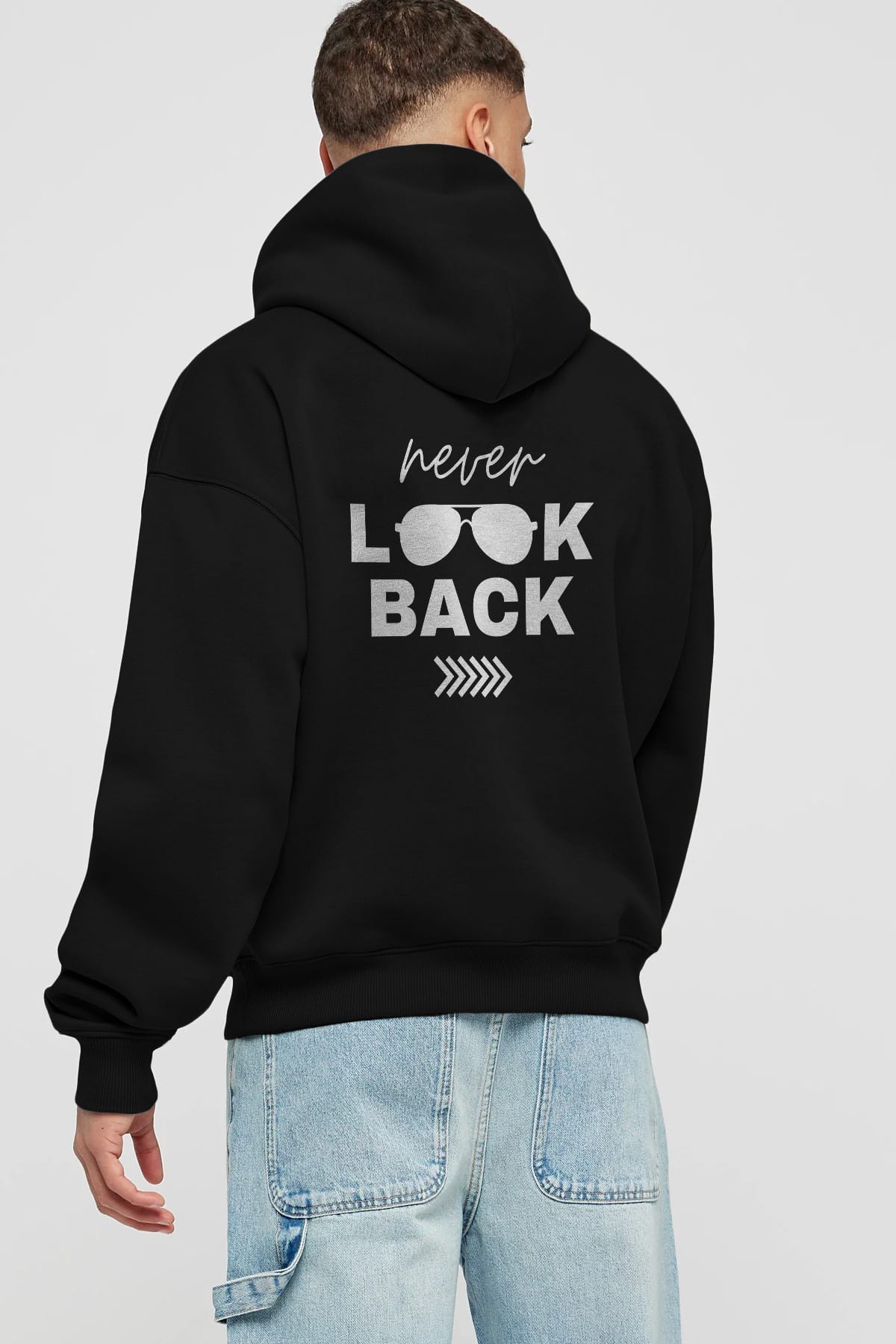 Never Look Back Yazılı Arka Baskılı Oversize Hoodie Kapüşonlu Sweatshirt Erkek Kadın Unisex