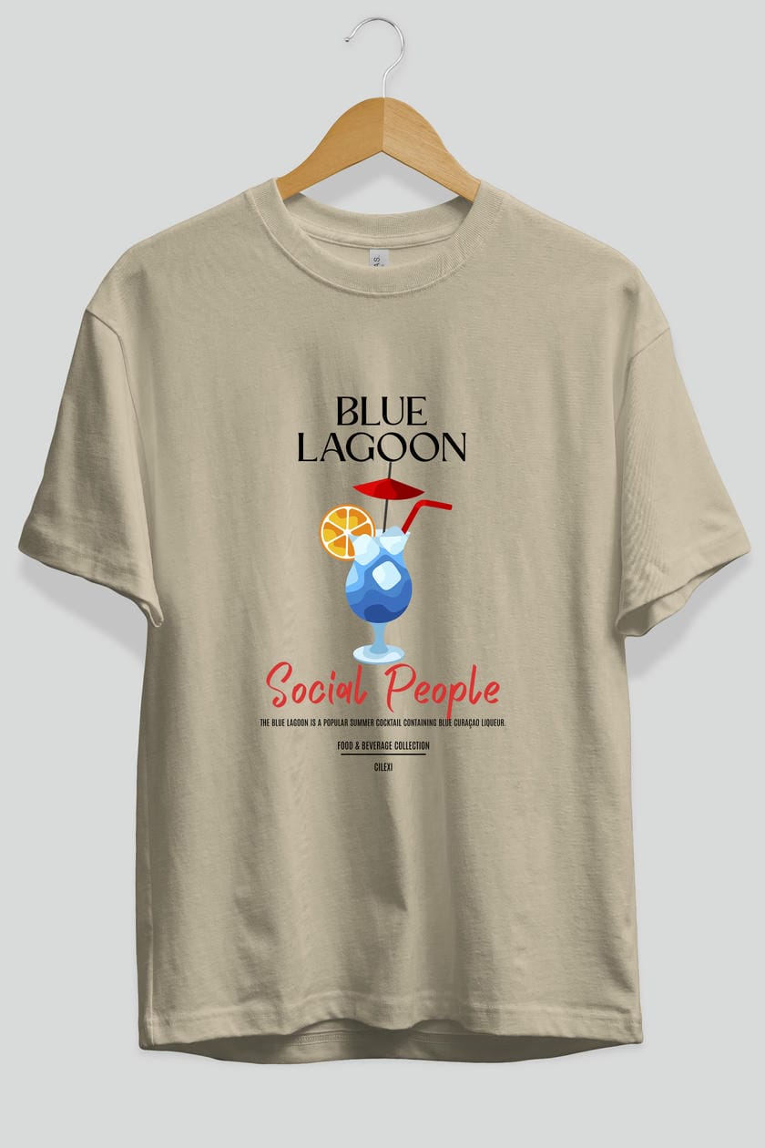 Blue Lagoon Kokteyl Serisi ön Baskılı Oversize t-shirt Erkek Kadın %100 Pamuk Bisiklet Yaka tişort