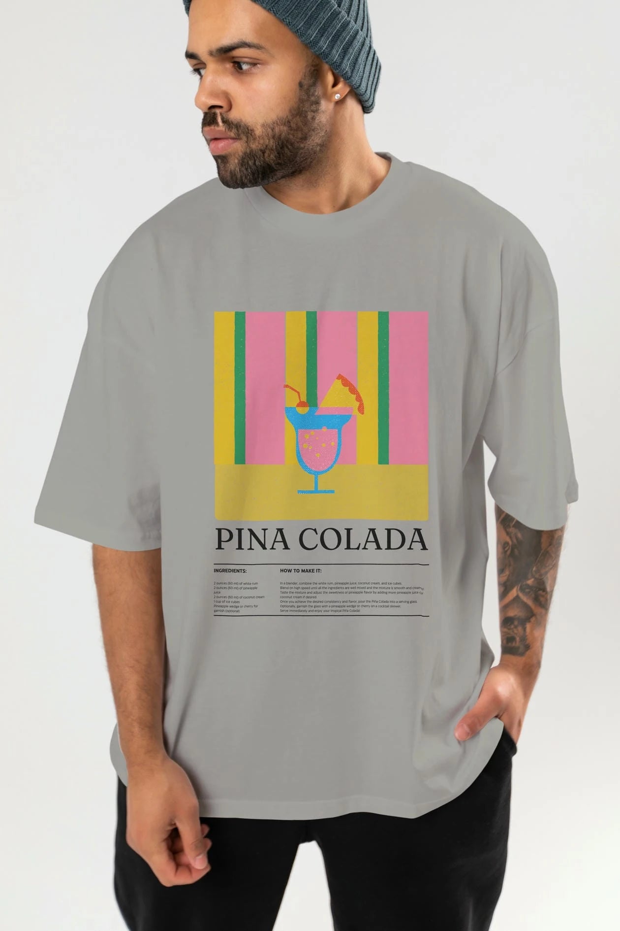 Pina Colada Kokteyl Ön Baskılı Oversize t-shirt Erkek Kadın %100 Pamuk Bisiklet Yaka tişort