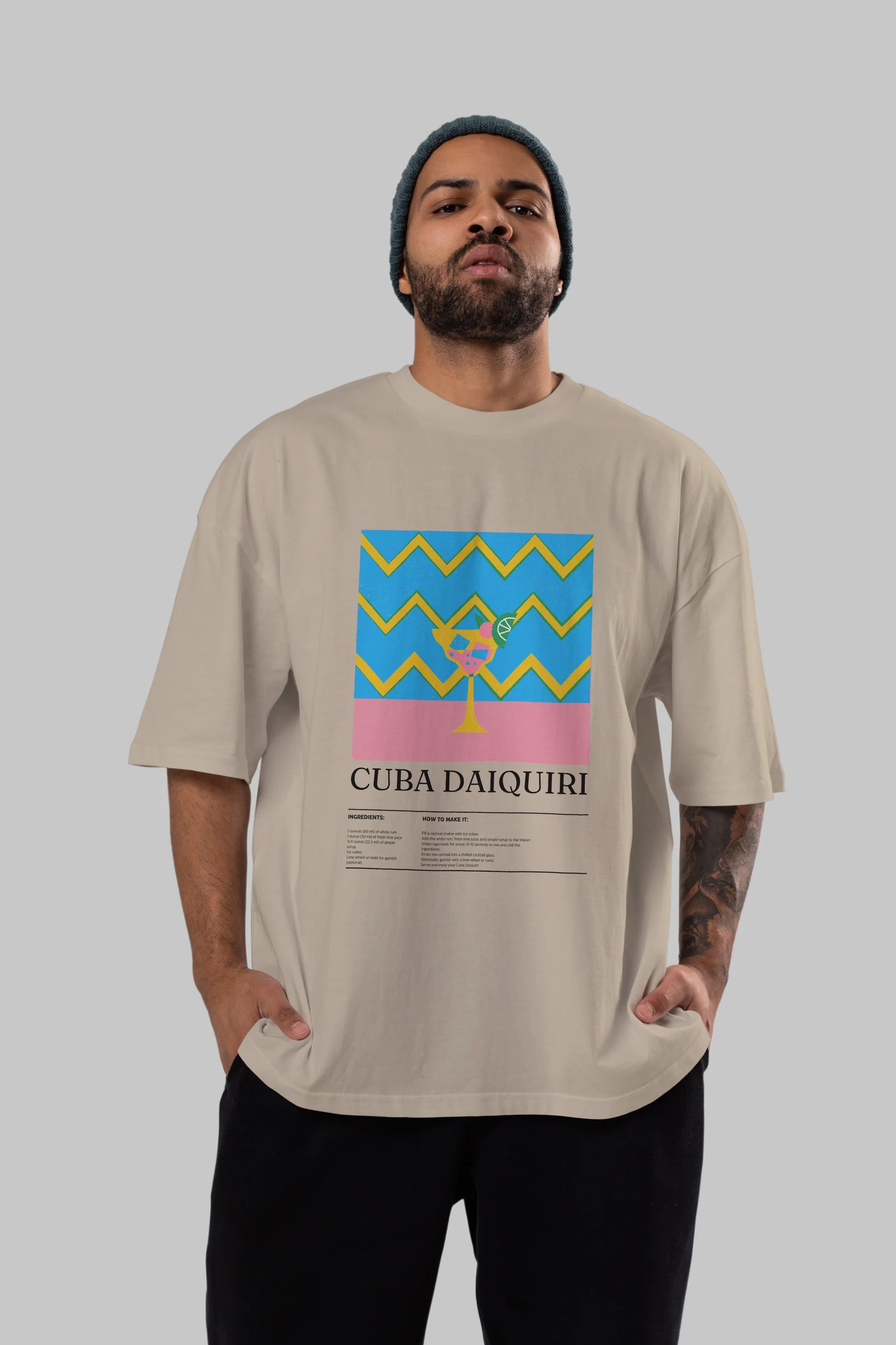 Cuba Daiquiri Kokteyl Ön Baskılı Oversize t-shirt Erkek Kadın %100 Pamuk Bisiklet Yaka tişort