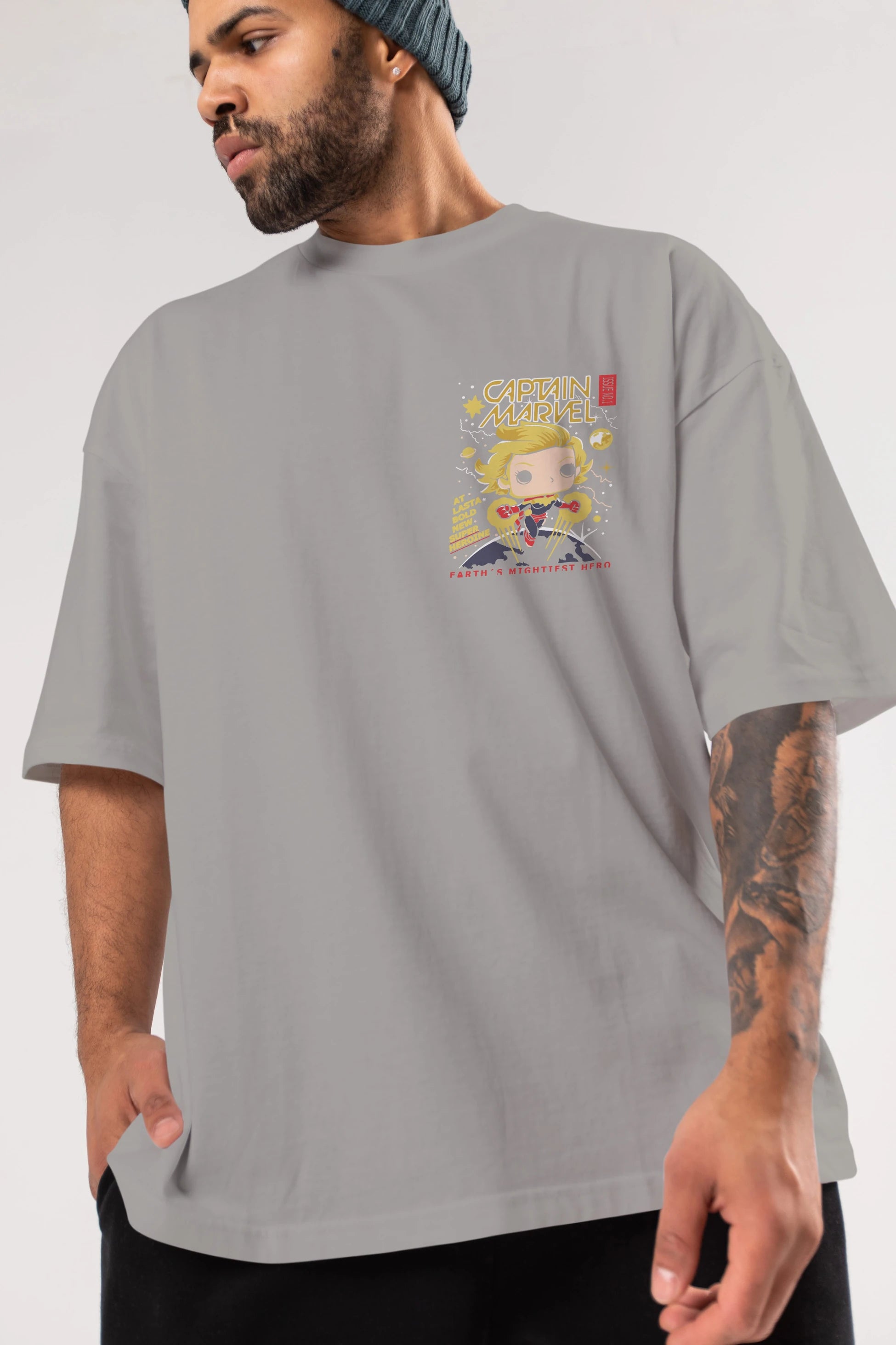 Captain Marvel Ön Sol Baskılı Oversize t-shirt Erkek Kadın Unisex %100 Pamuk Bisiklet Yaka tişort
