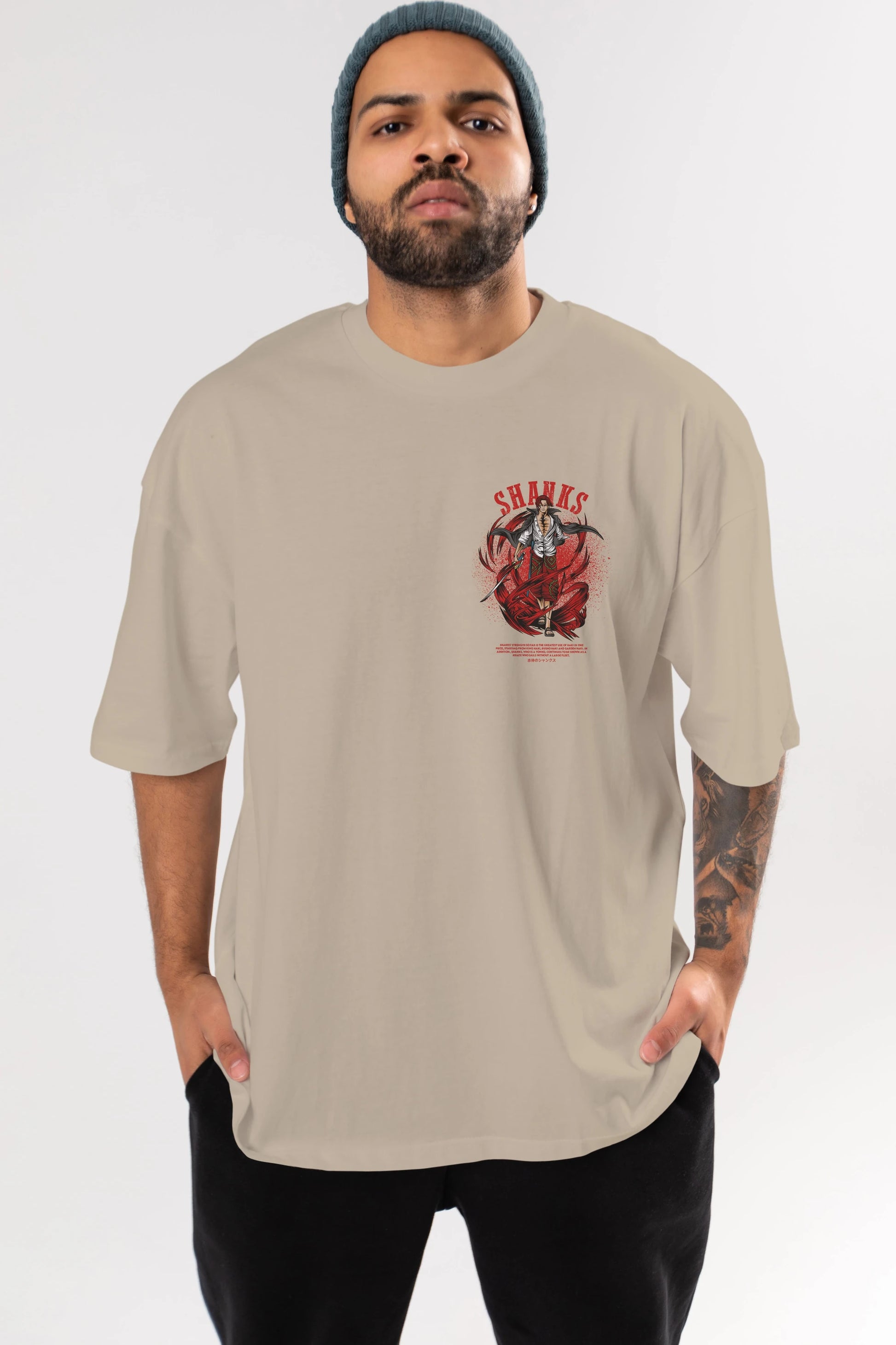 Shanks Ön Sol Baskılı Oversize t-shirt Erkek Kadın Unisex %100 Pamuk Bisiklet Yaka tişort