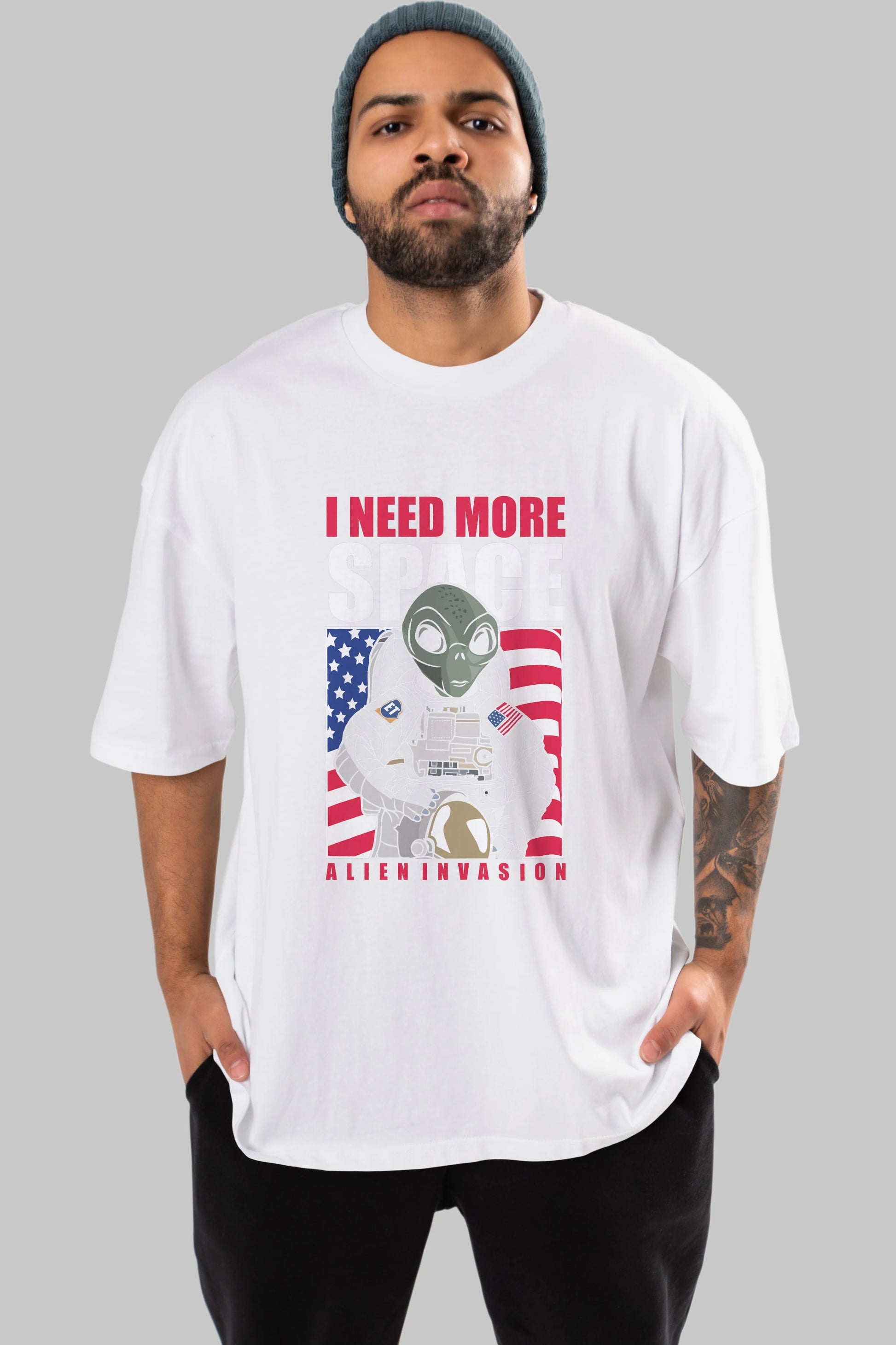Alien Astronaut Ön Baskılı Oversize t-shirt Erkek Kadın Unisex %100 Pamuk tişort