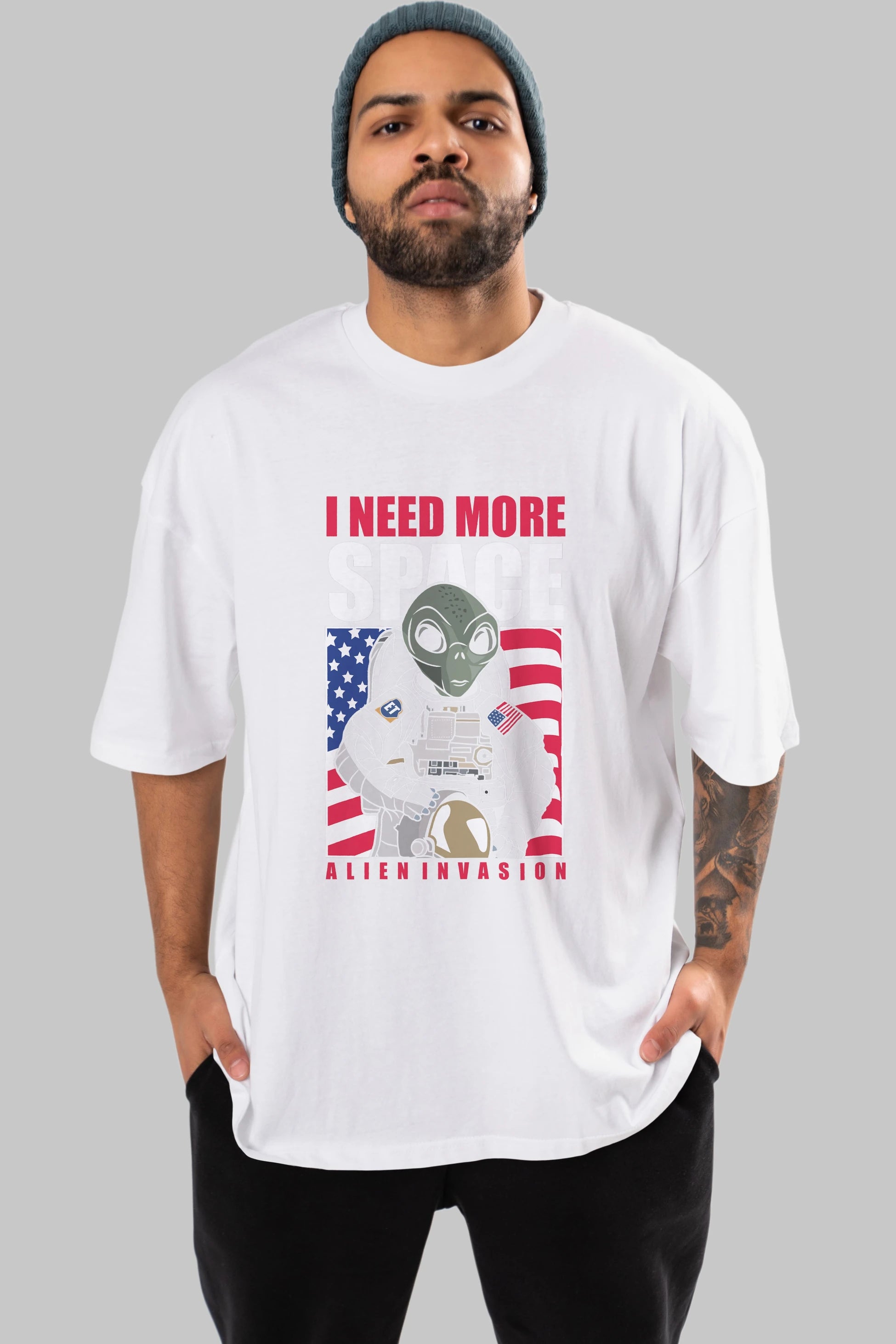 Alien Astronaut Ön Baskılı Oversize t-shirt Erkek Kadın Unisex %100 Pamuk tişort