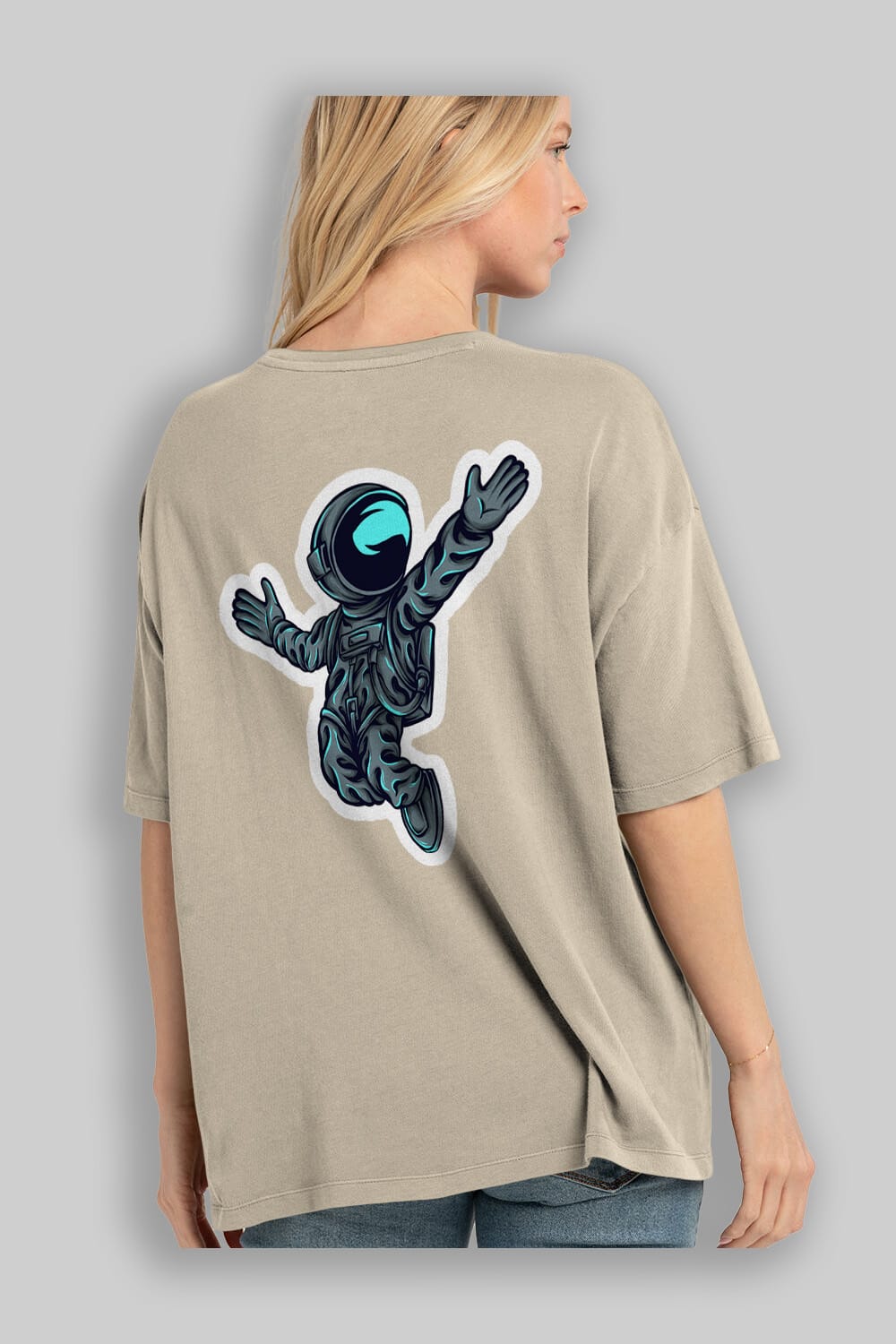 Happy Astronaut Sticker Arka Baskılı Oversize t-shirt Erkek Kadın Unisex