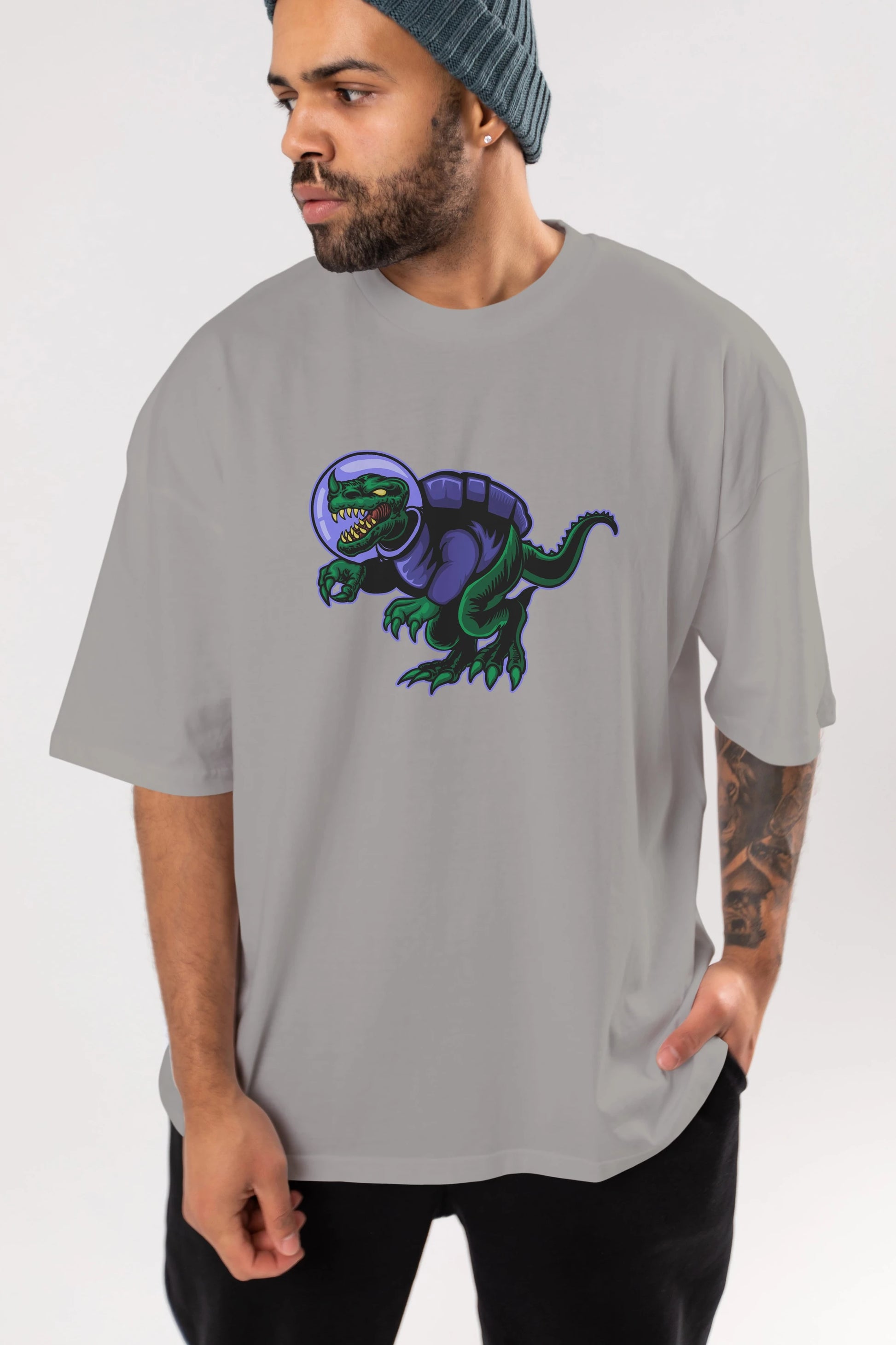 Space Dino Ön Baskılı Oversize t-shirt Erkek Kadın Unisex