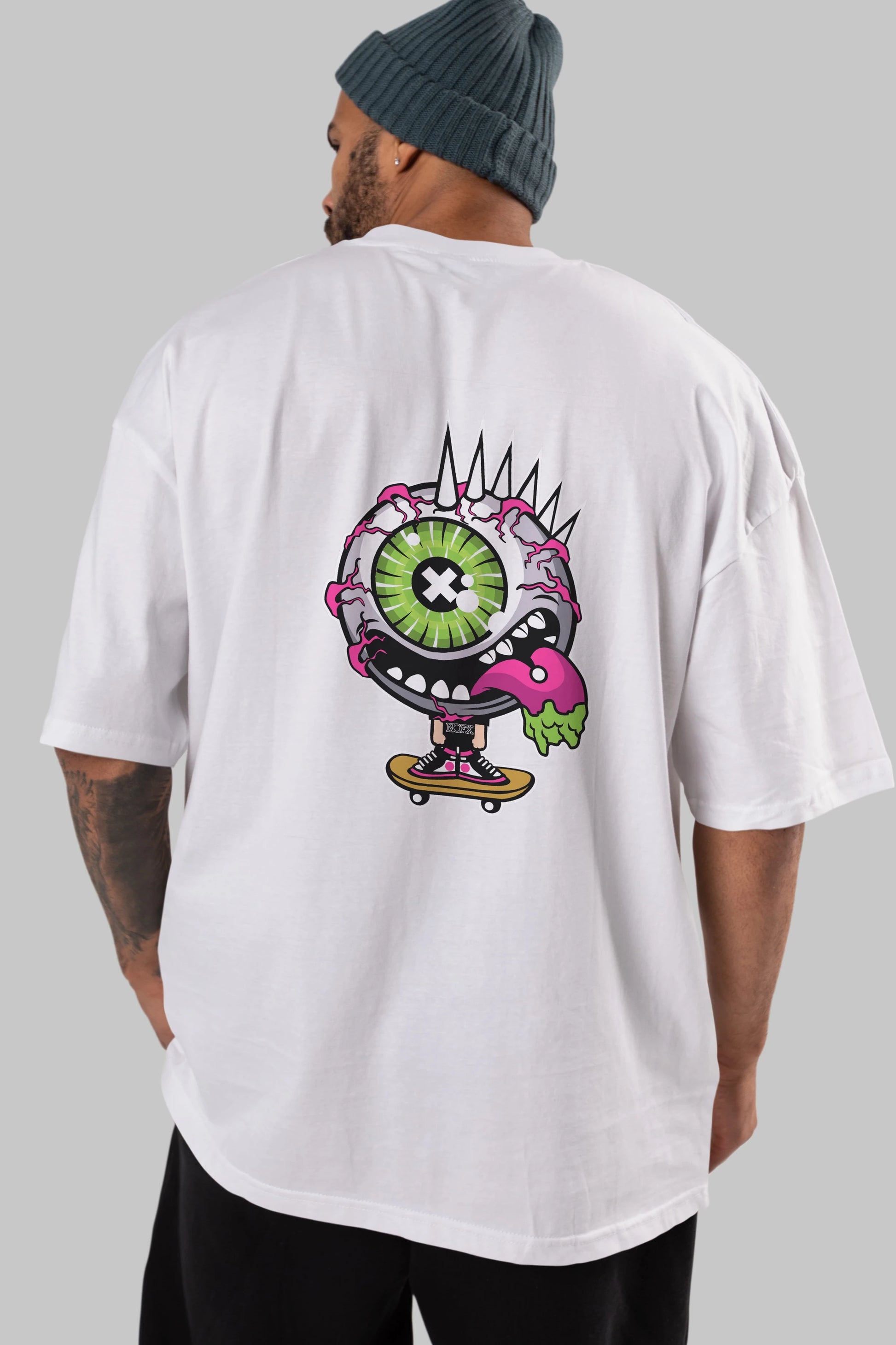 Eye Monster Skater Arka Baskılı Oversize t-shirt Erkek Kadın Unisex %100 Pamuk tişort