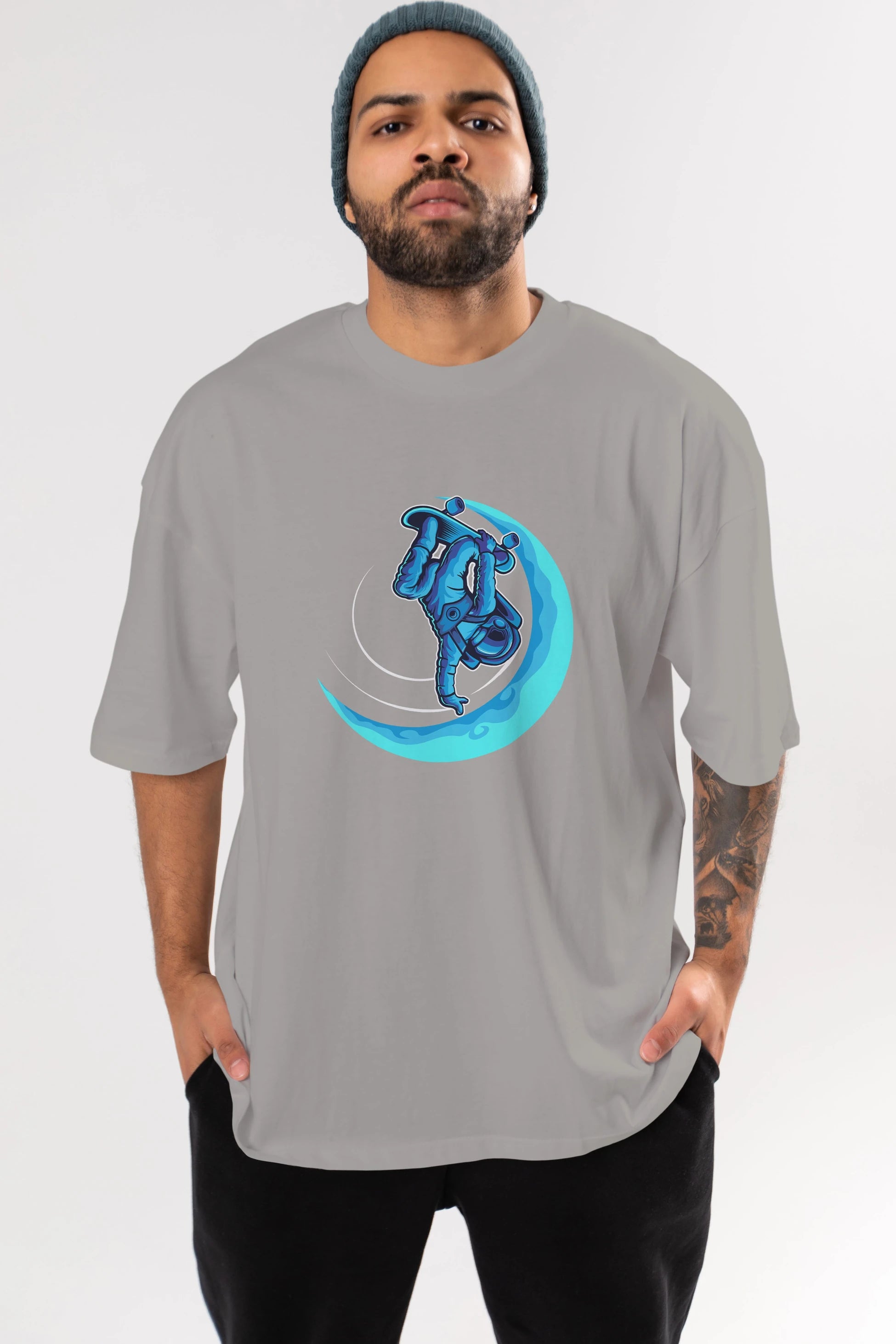 Skating on the moon Ön Baskılı Oversize t-shirt Erkek Kadın Unisex