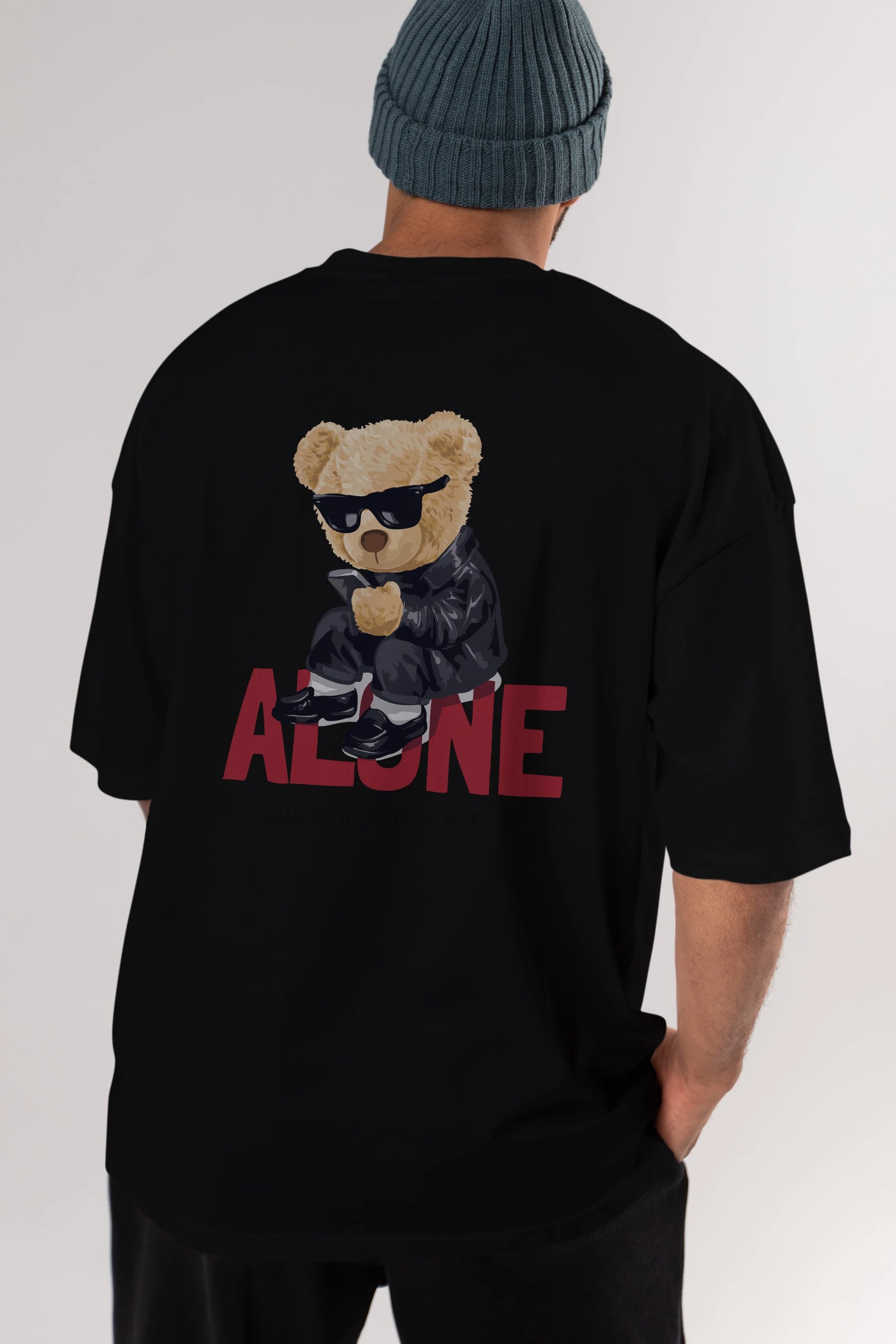 Teddy Bear Alone Arka Baskılı Oversize t-shirt Erkek Kadın Unisex %100 Pamuk