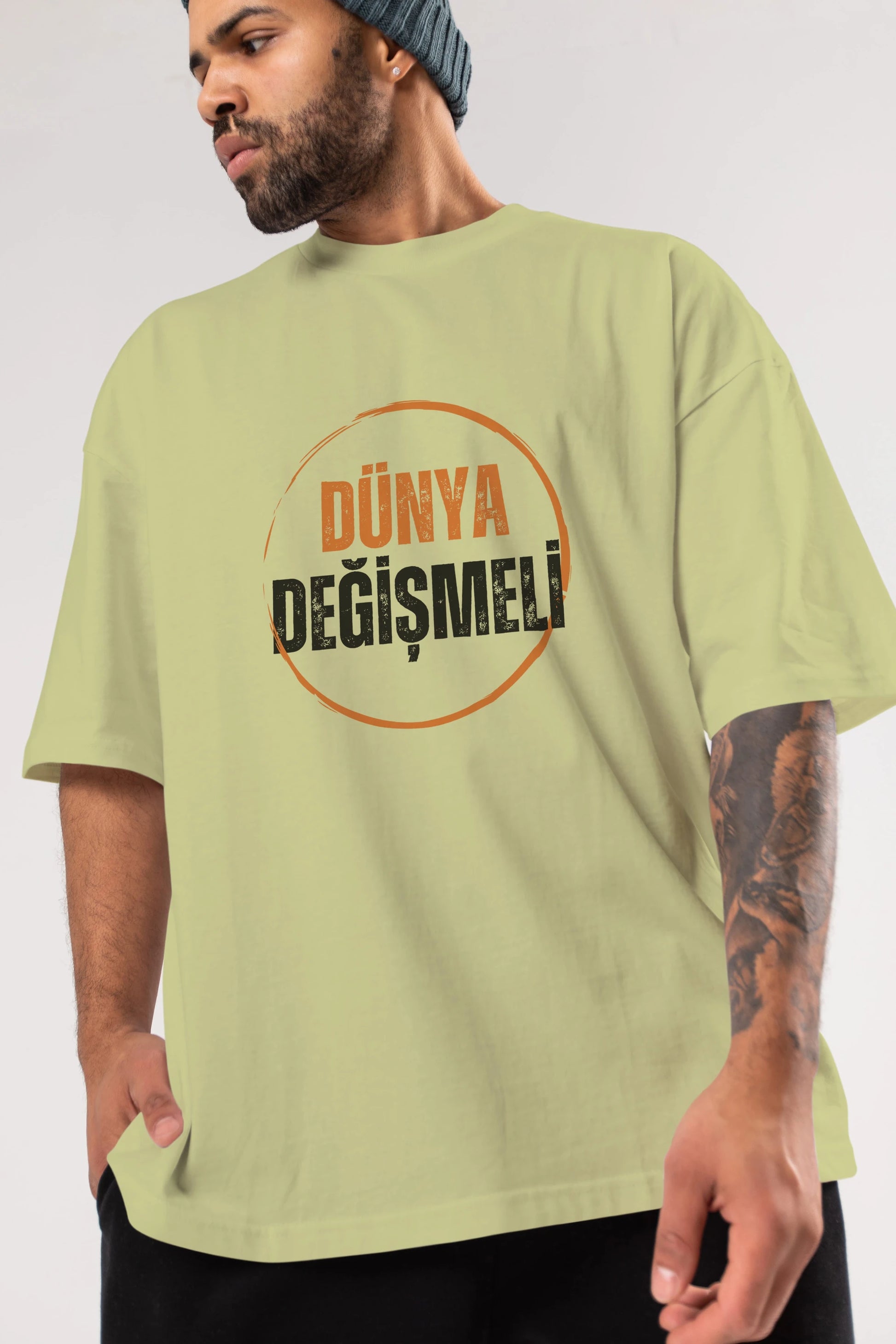 Dünya Değişmeli Yazılı Ön Baskılı Oversize t-shirt Erkek Kadın Unisex