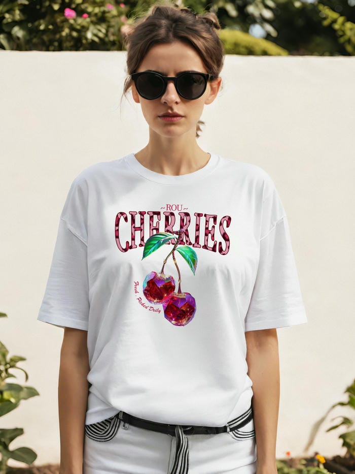 Cherry Cherries 4 Ön Baskılı Oversize t-shirt Erkek Kadın Pamuk Bisiklet Yaka tişort