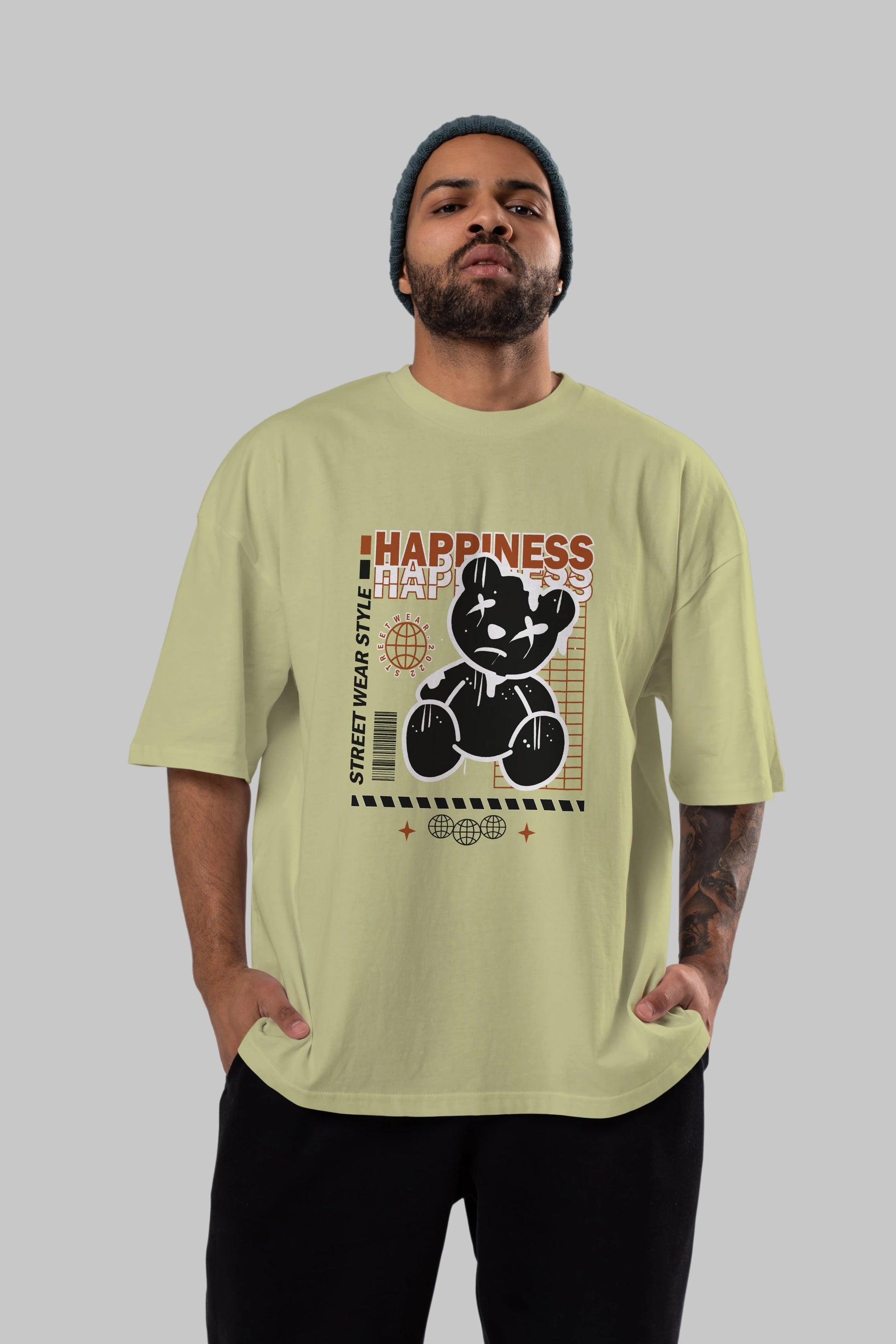 Happiness Bear 2 Ön Baskılı Oversize t-shirt Erkek Kadın Unisex