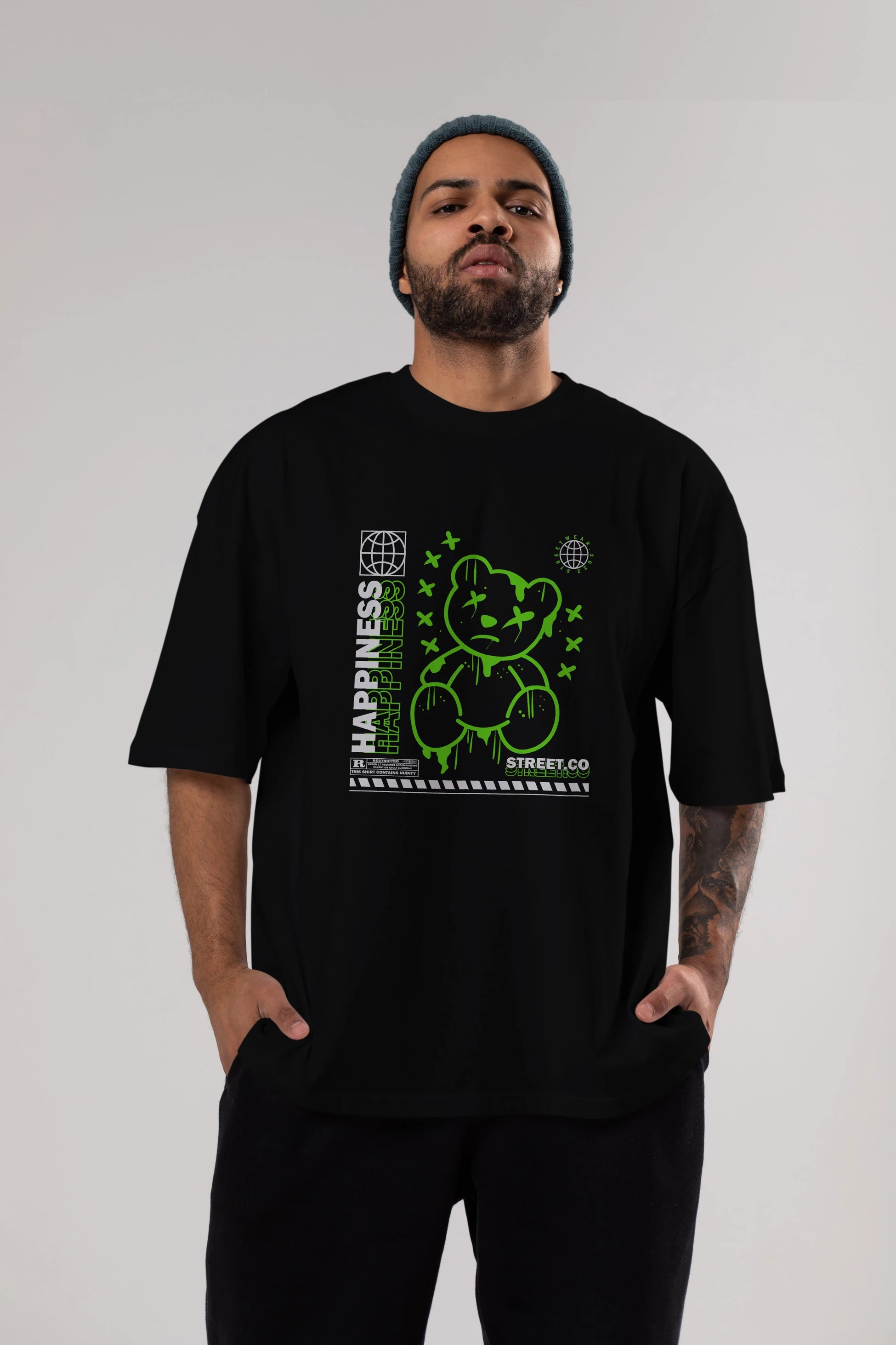 Happiness Bear 3 Ön Baskılı Oversize t-shirt Erkek Kadın Unisex