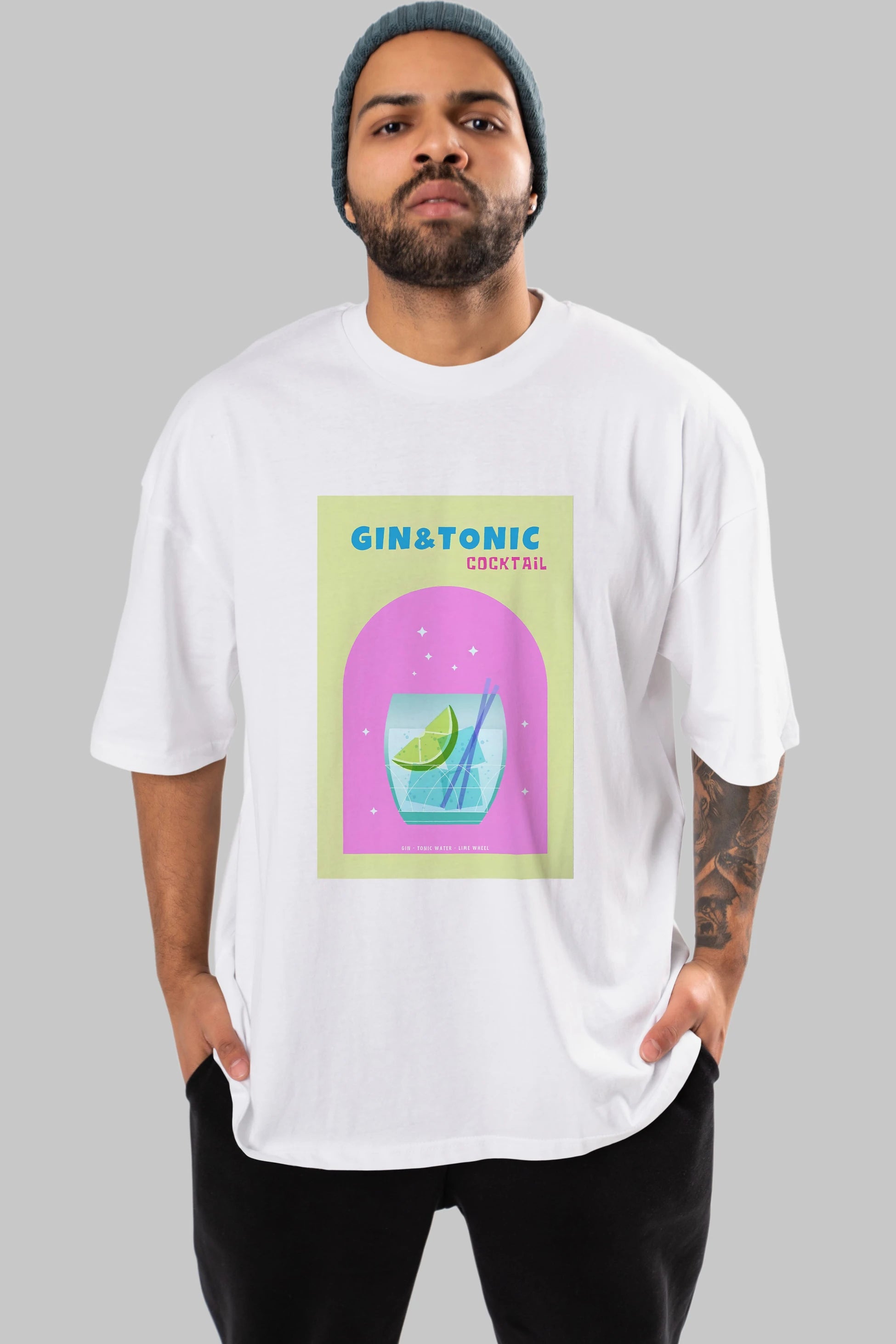 Gin Tonic Cocktail Ön Baskılı Oversize t-shirt Erkek Kadın Unisex %100 Pamuk Bisiklet Yaka tişort