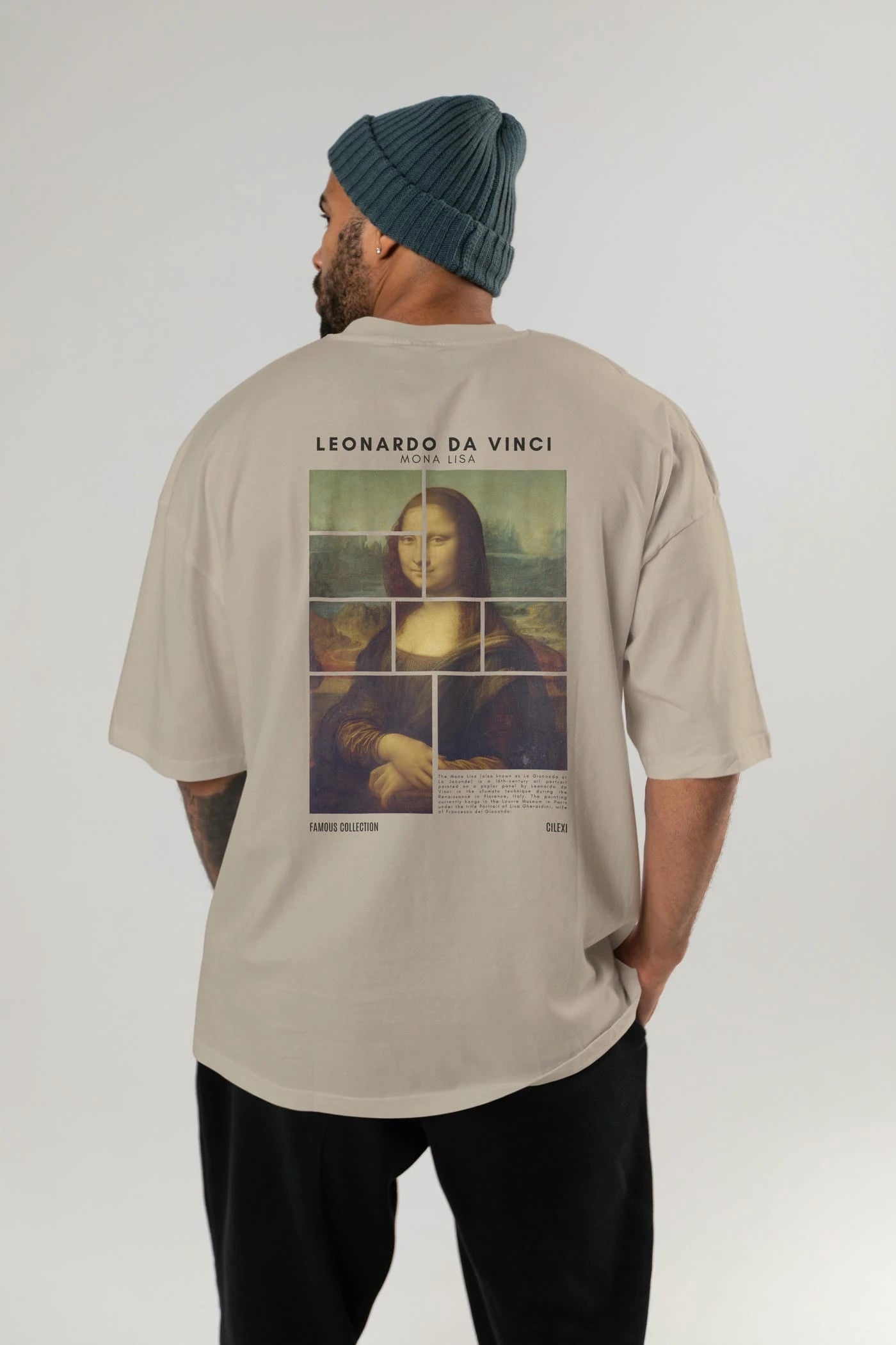 Leonardo Da Vinci Mona Lisa Arka Baskılı Oversize t-shirt Erkek Kadın Bisiklet Yaka Pamuk tişort