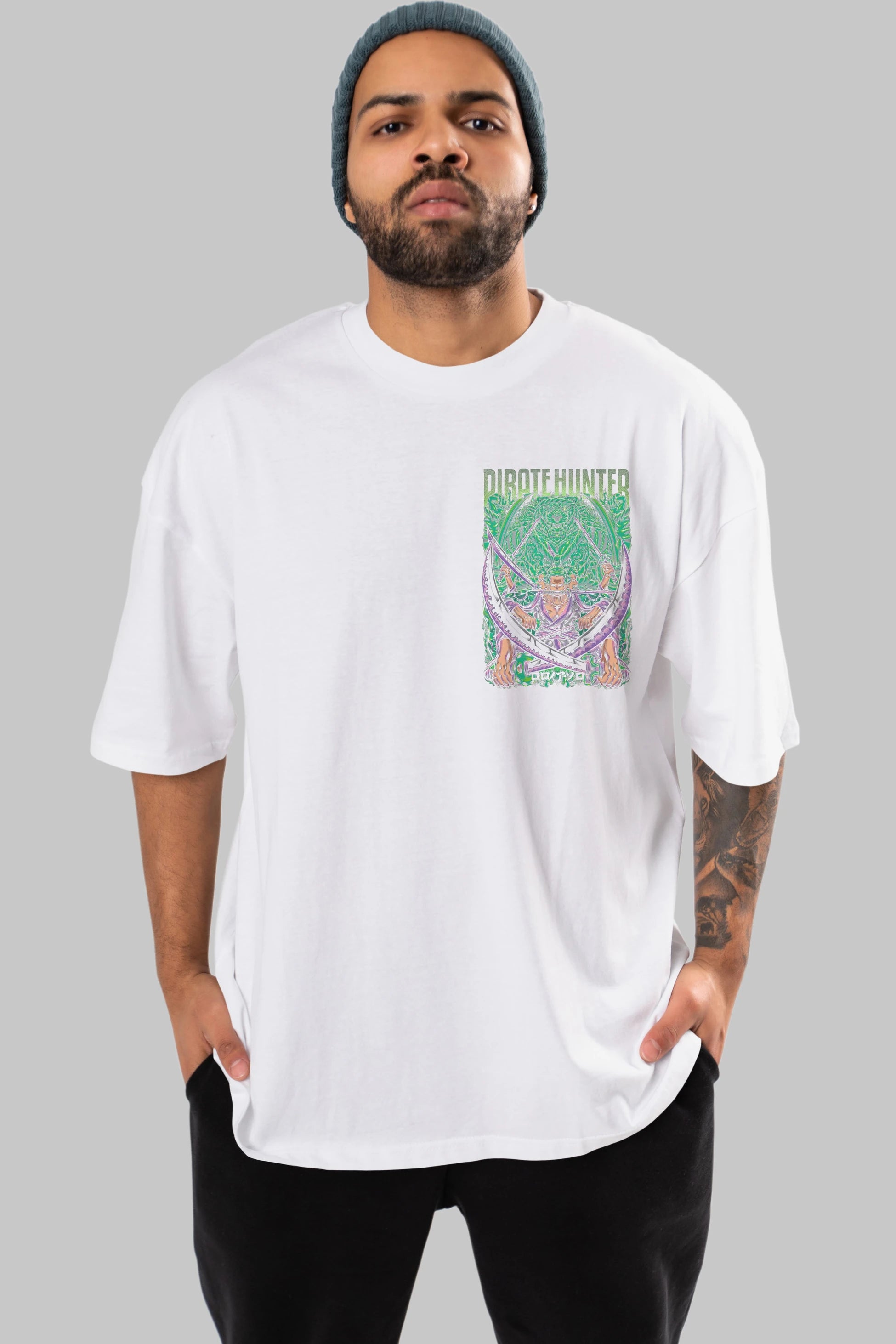 RORONOA ZORO 3 Ön Sol Baskılı Oversize t-shirt Erkek Kadın Unisex %100 Pamuk Bisiklet Yaka tişort