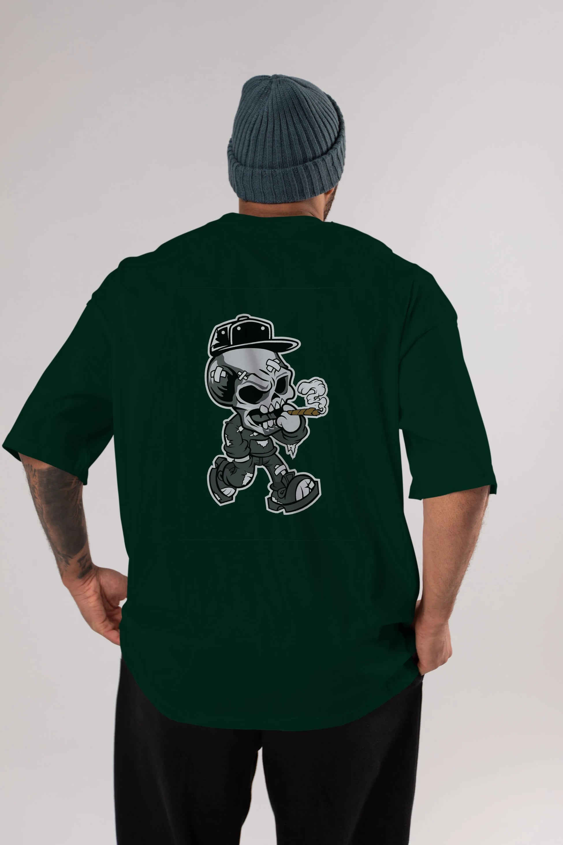 Skull Smoker Arka Baskılı Oversize t-shirt Erkek Kadın Unisex %100 Pamuk tişort